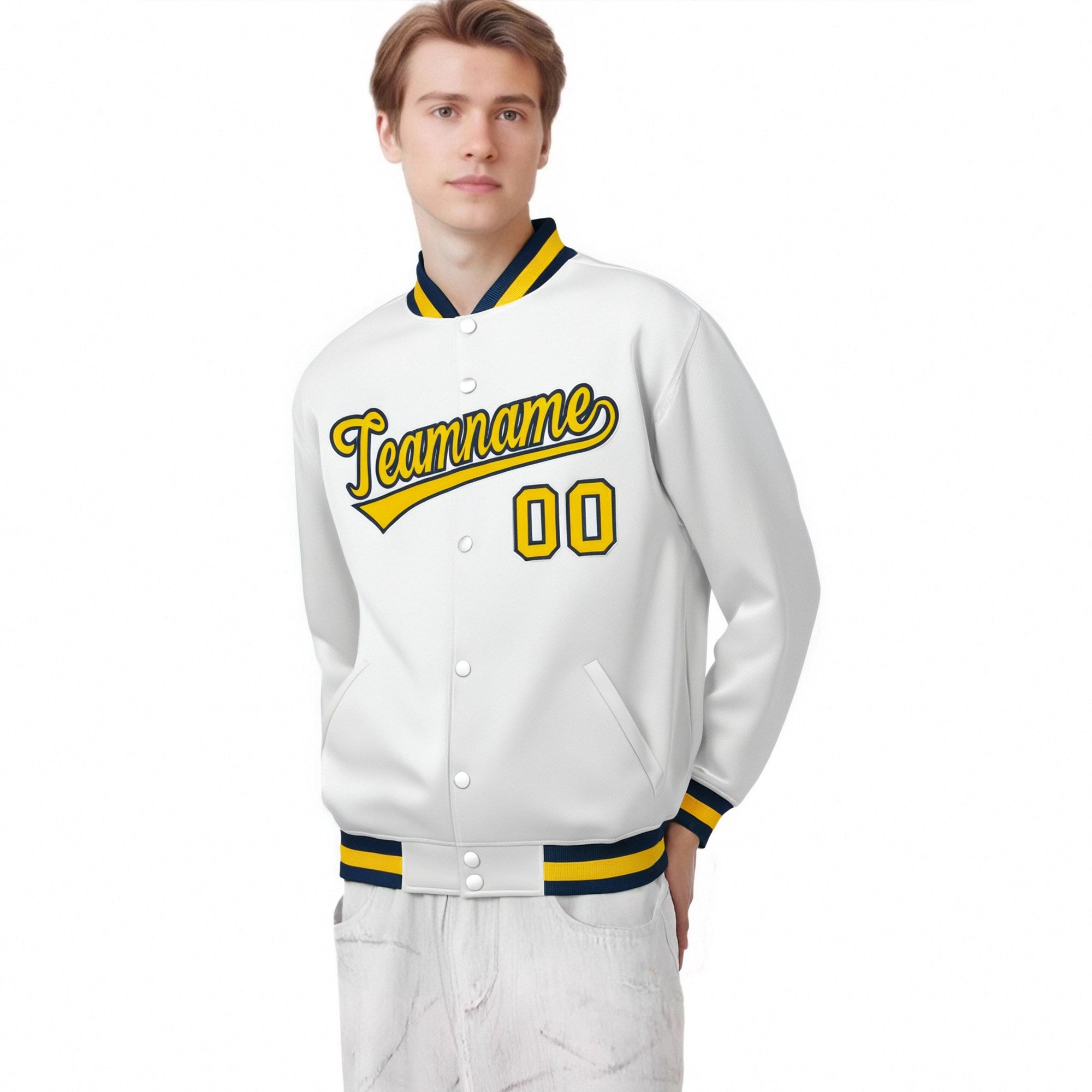 Custom White Yellow-Navy Bomber Full-Snap Varsity Letterman Jacket