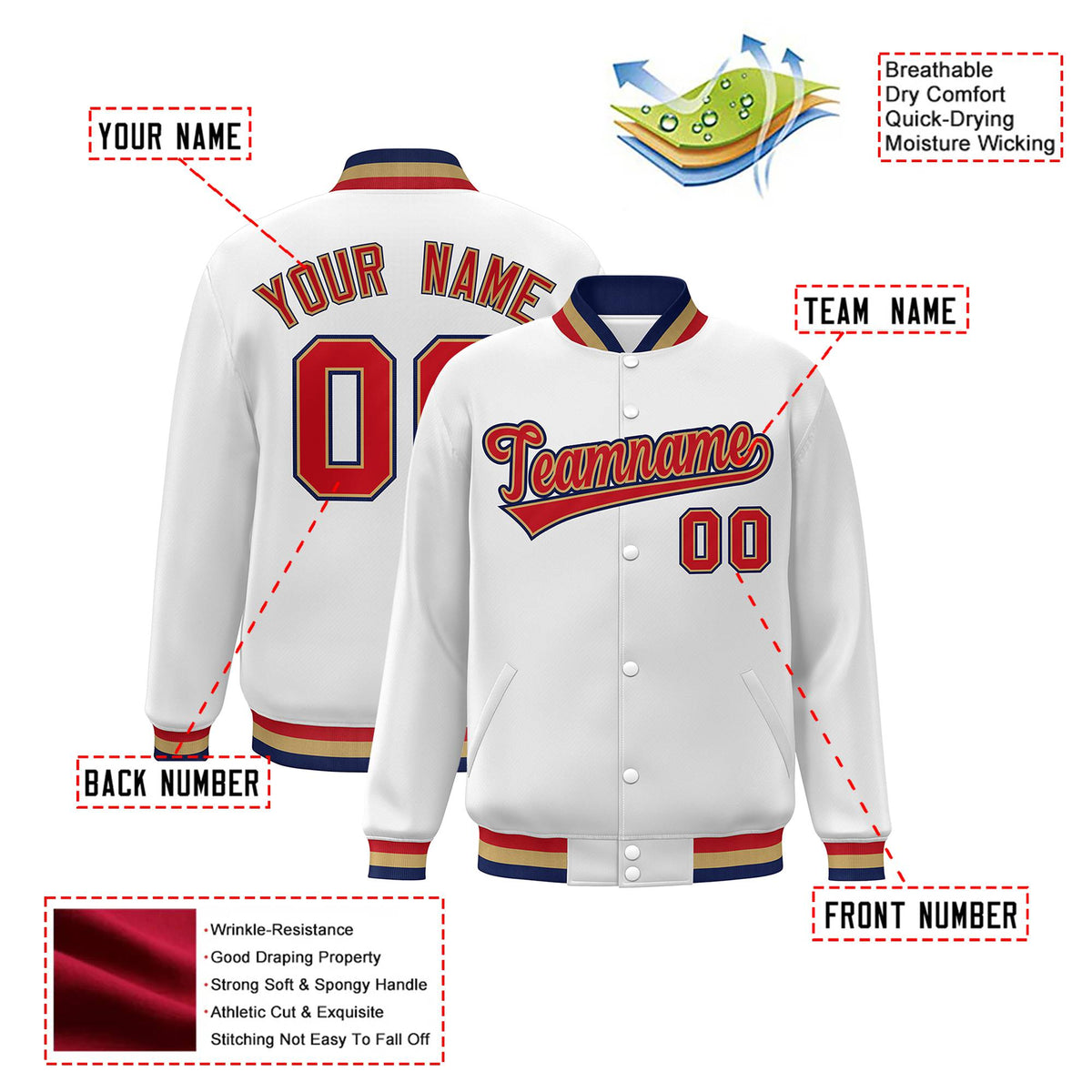 Custom White Red-Navy Old-Gold Bomber Full-Snap Varsity Letterman Jacket