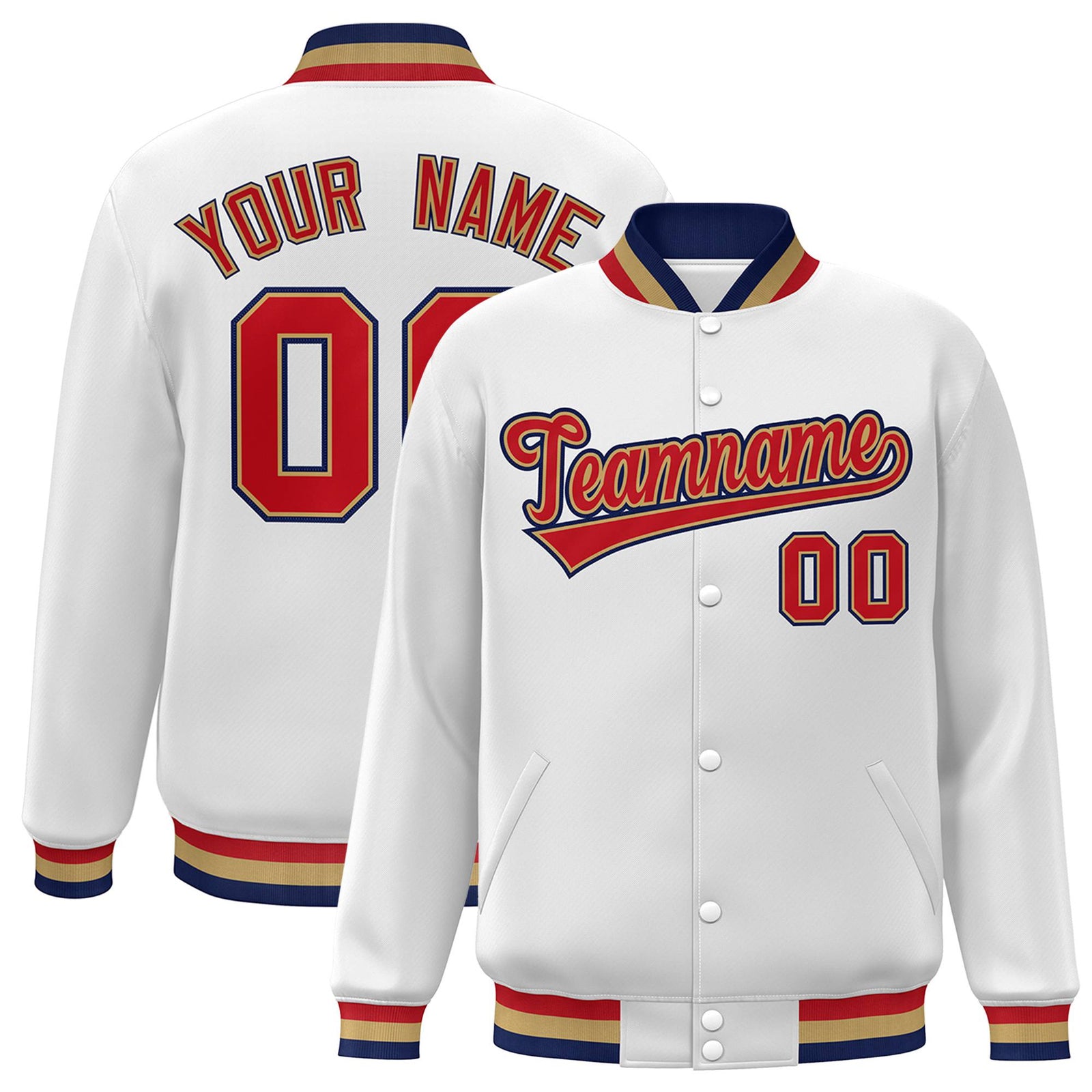 Custom White Red-Navy Old-Gold Bomber Full-Snap Varsity Letterman Jacket
