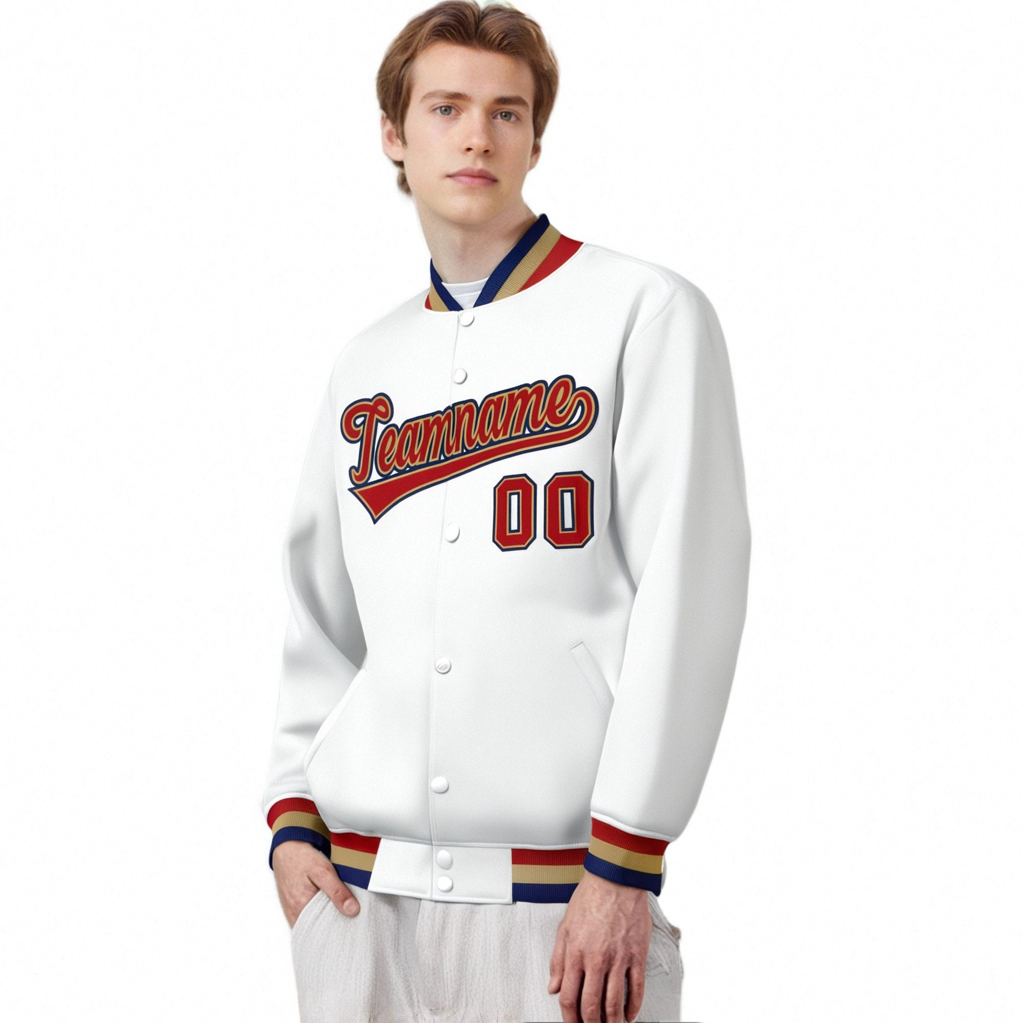 Custom White Red-Navy Old-Gold Bomber Full-Snap Varsity Letterman Jacket