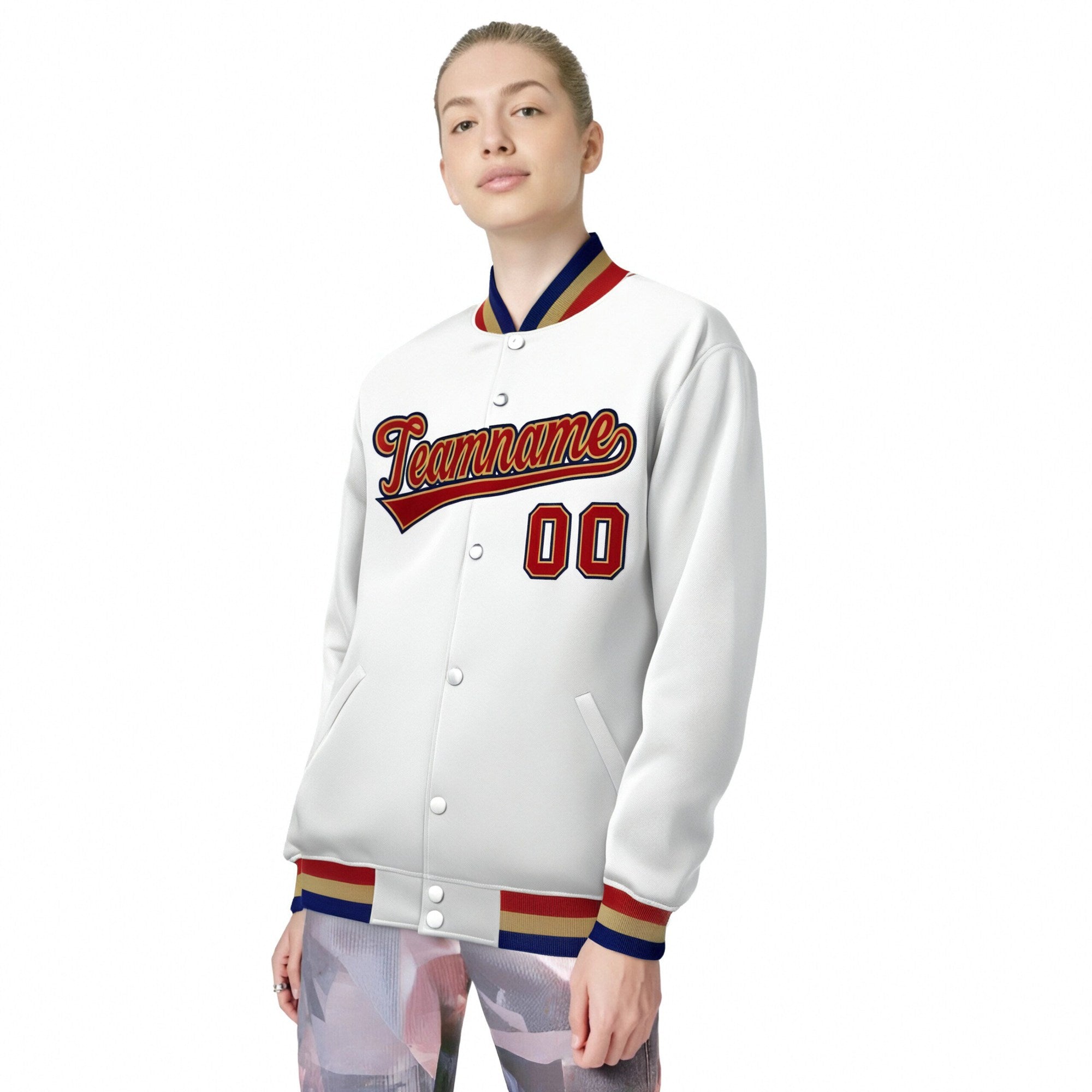 Custom White Red-Navy Old-Gold Bomber Full-Snap Varsity Letterman Jacket