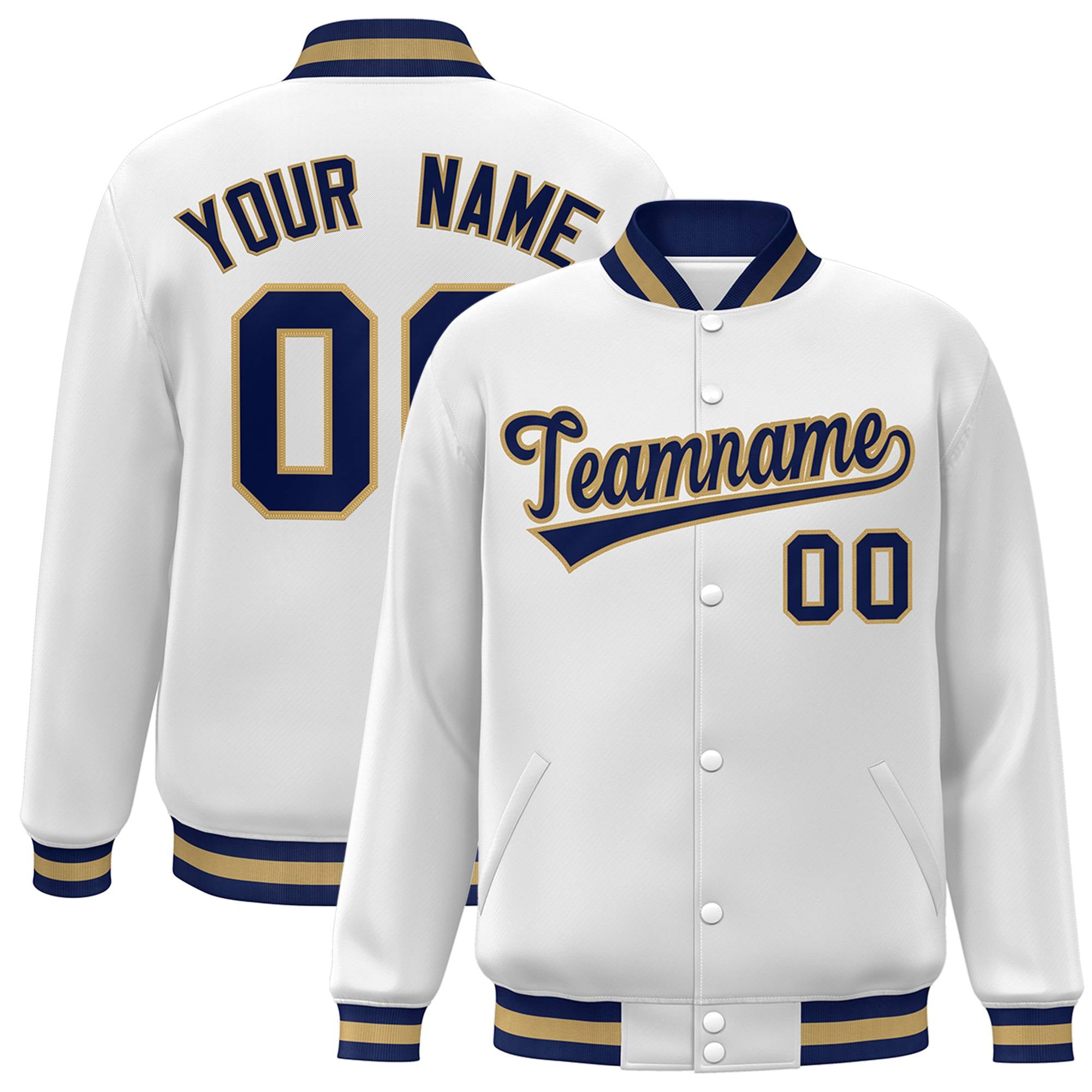 Custom White Navy Old-Gold Bomber Full-Snap Varsity Letterman Jacket