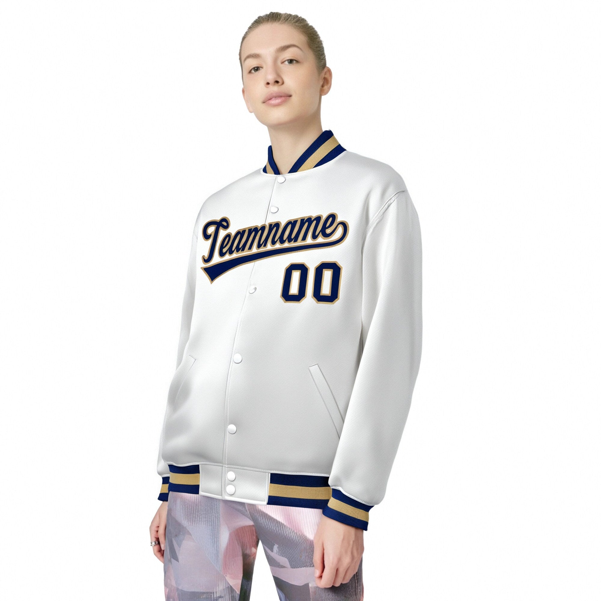 Custom White Navy Old-Gold Bomber Full-Snap Varsity Letterman Jacket