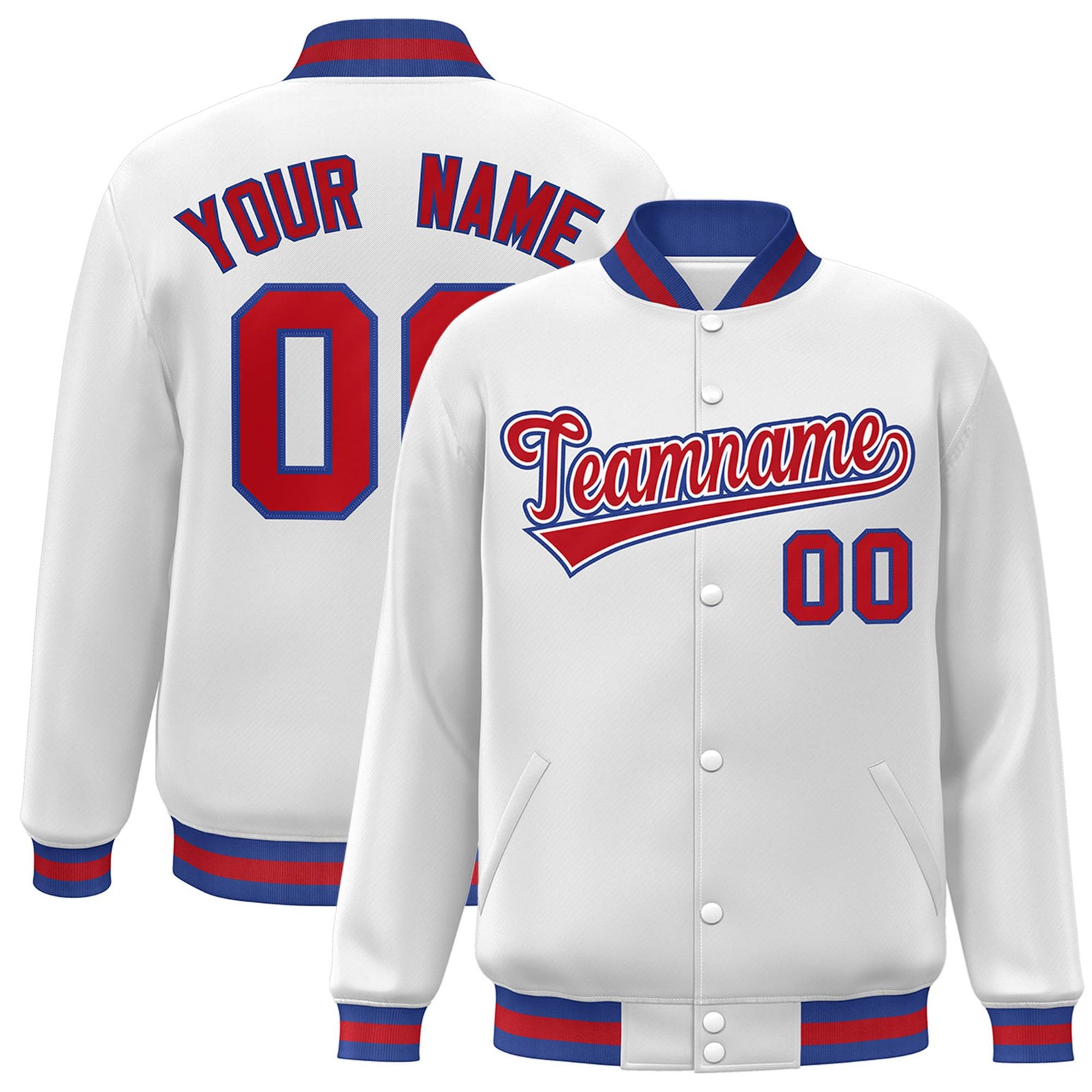 Custom White Red-Blue Bomber Full-Snap Varsity Letterman Jacket
