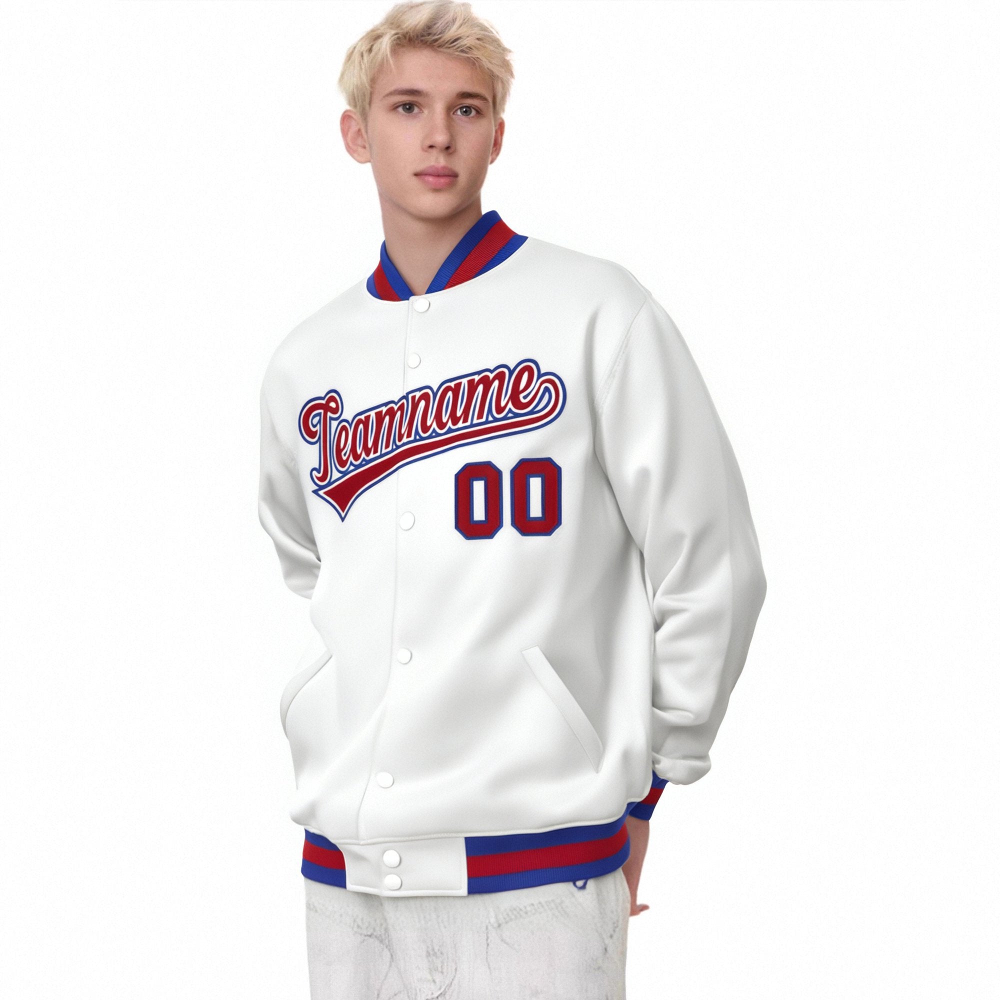 Custom White Red-Blue Bomber Full-Snap Varsity Letterman Jacket