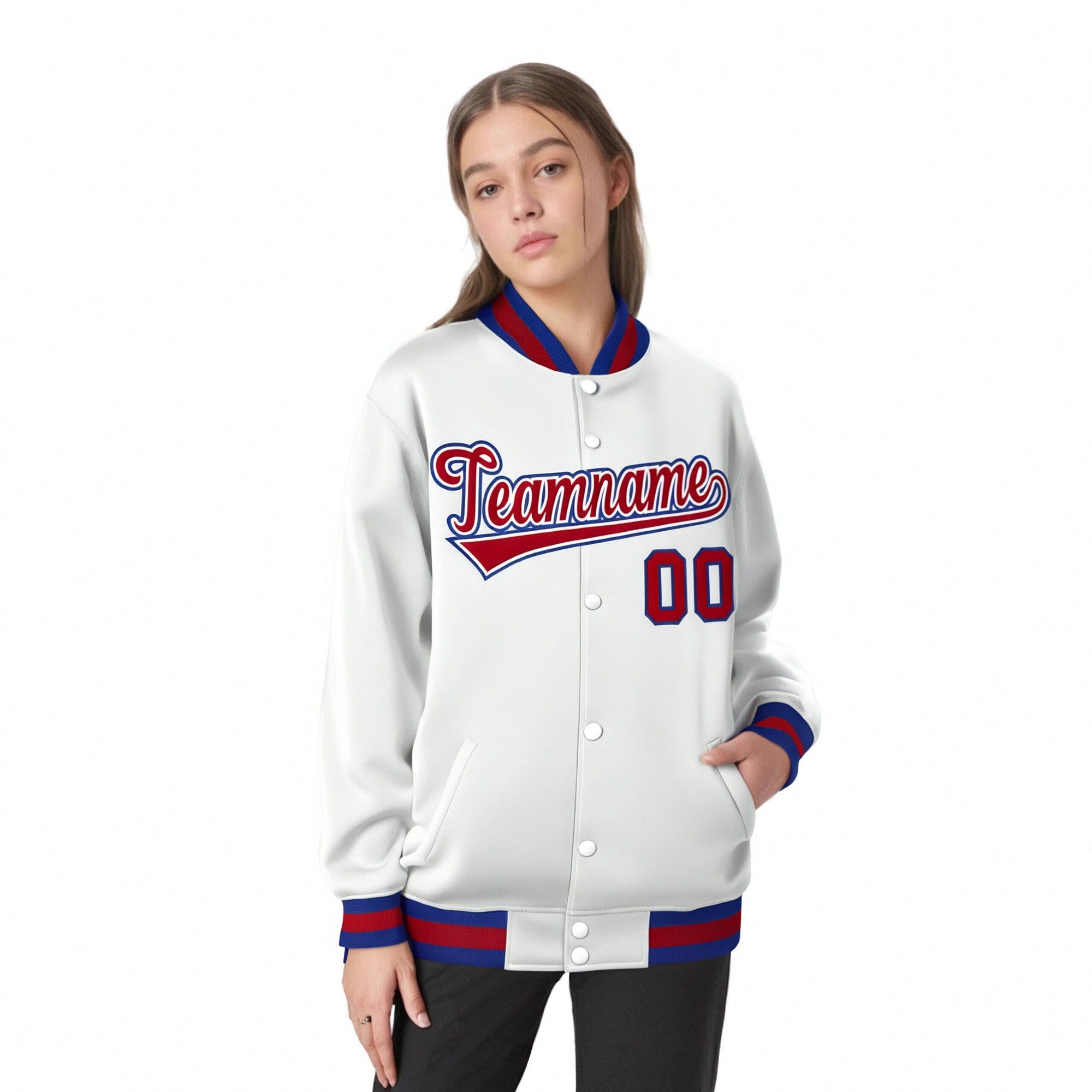 Custom White Red-Blue Bomber Full-Snap Varsity Letterman Jacket