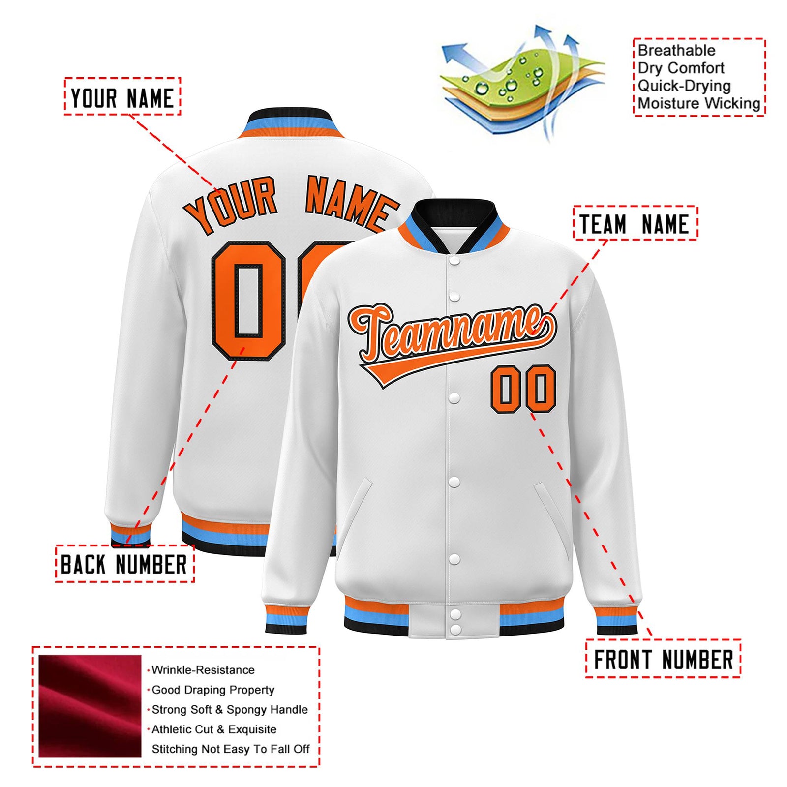 Custom White Orange Light-Blue Bomber Full-Snap Varsity Letterman Jacket