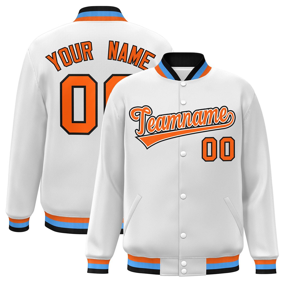 Custom White Orange Light-Blue Bomber Full-Snap Varsity Letterman Jacket