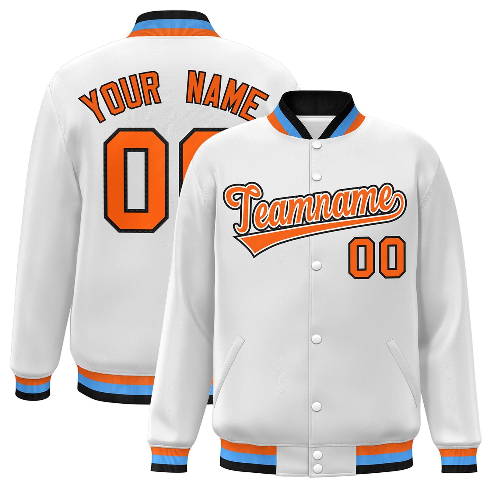 Custom White Orange Light-Blue Bomber Full-Snap Varsity Letterman Jacket