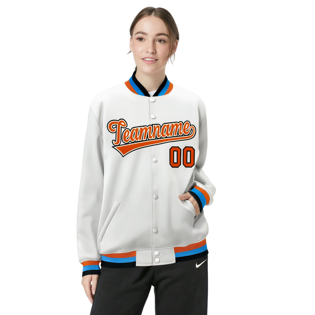 Custom White Orange Light-Blue Bomber Full-Snap Varsity Letterman Jacket