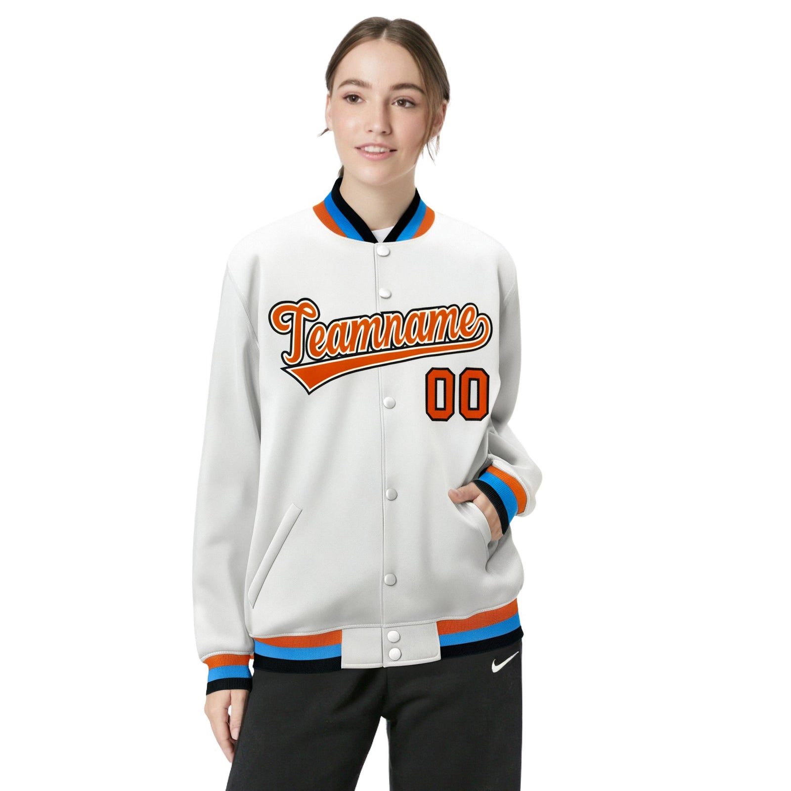 Custom White Orange Light-Blue Bomber Full-Snap Varsity Letterman Jacket