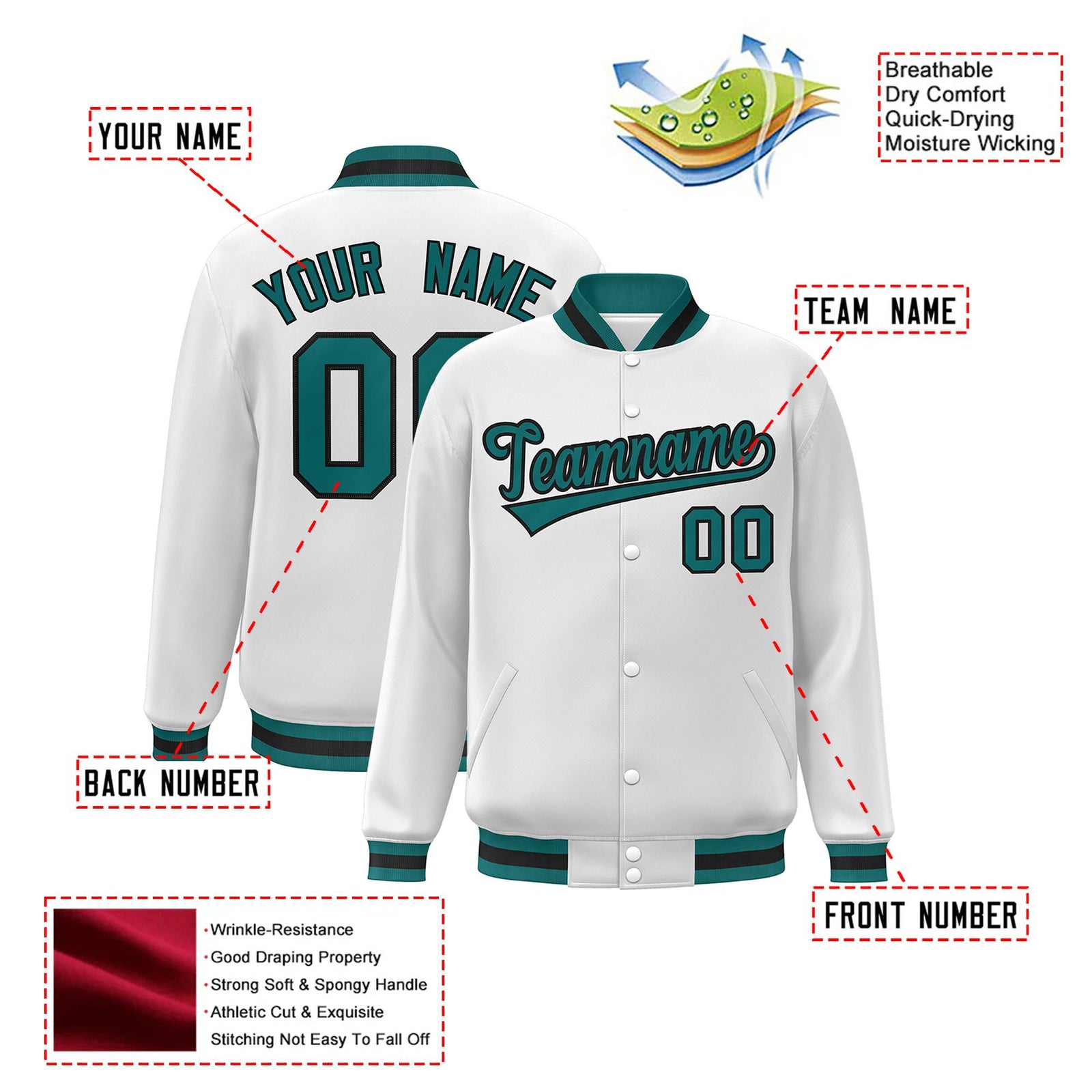 Custom White Aqua-Black Bomber Full-Snap Varsity Letterman Jacket