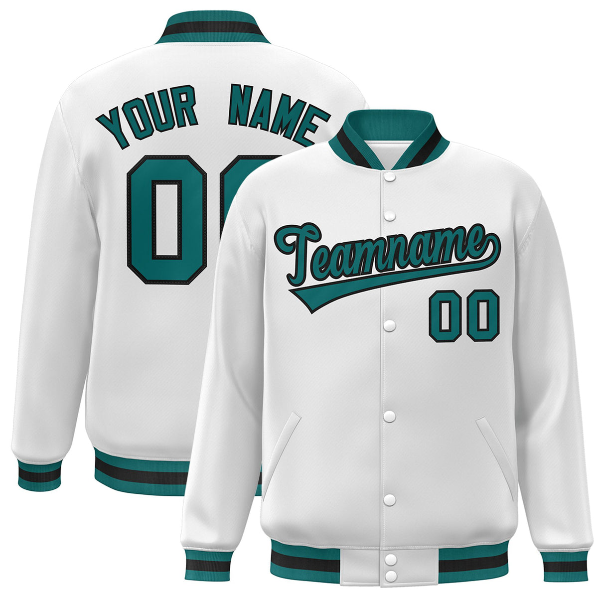 Custom White Aqua-Black Bomber Full-Snap Varsity Letterman Jacket