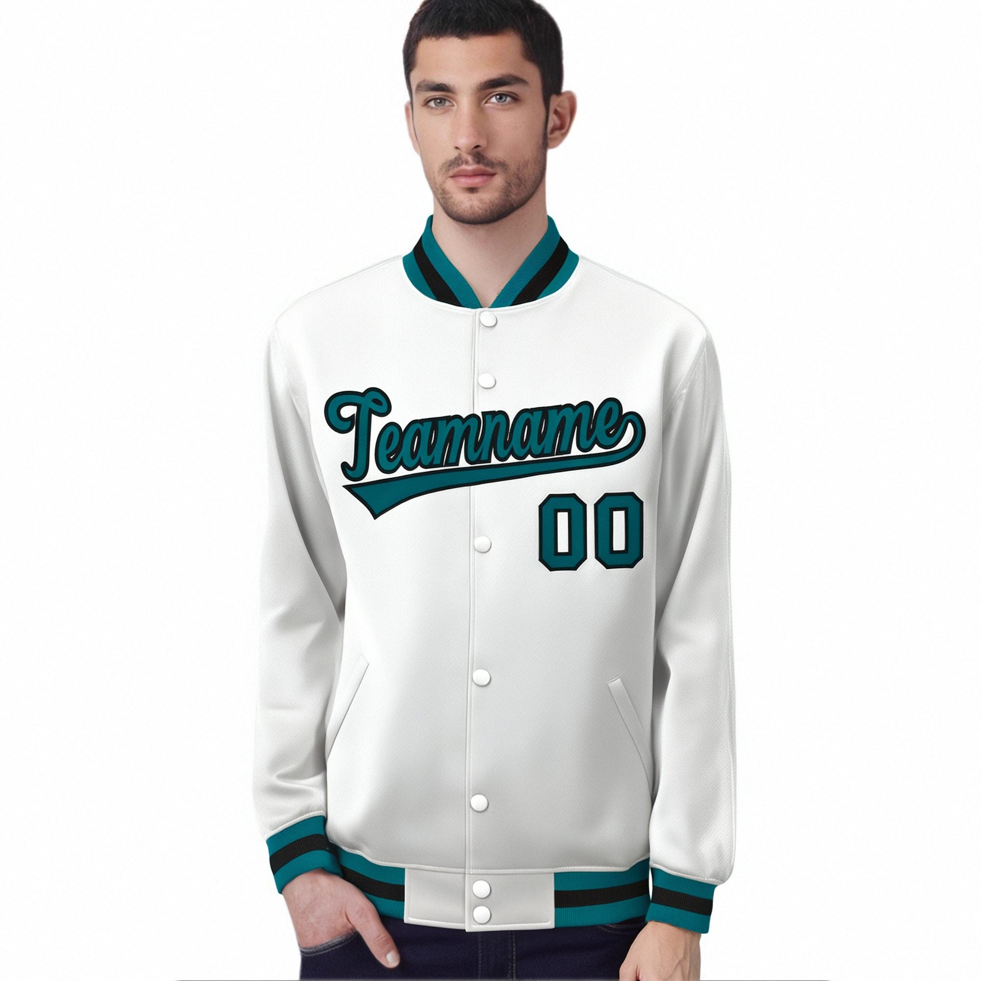 Custom White Aqua-Black Bomber Full-Snap Varsity Letterman Jacket