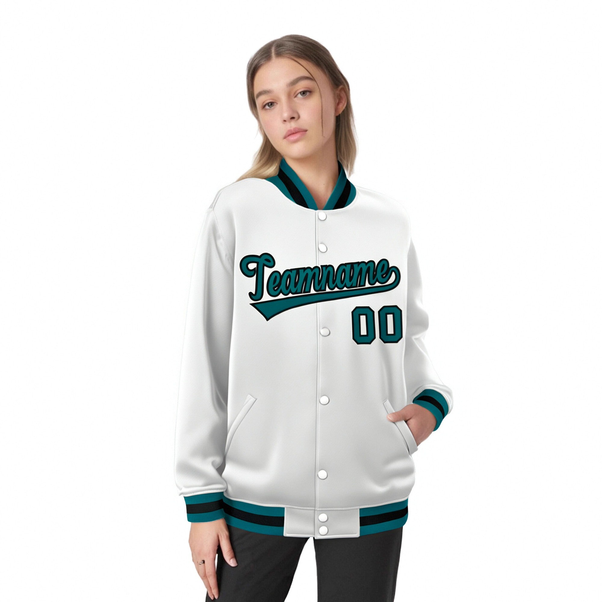 Custom White Aqua-Black Bomber Full-Snap Varsity Letterman Jacket