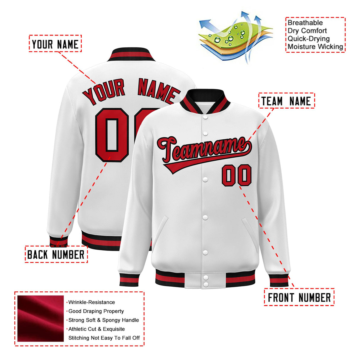 Custom White Red-Black Bomber Full-Snap Varsity Letterman Jacket