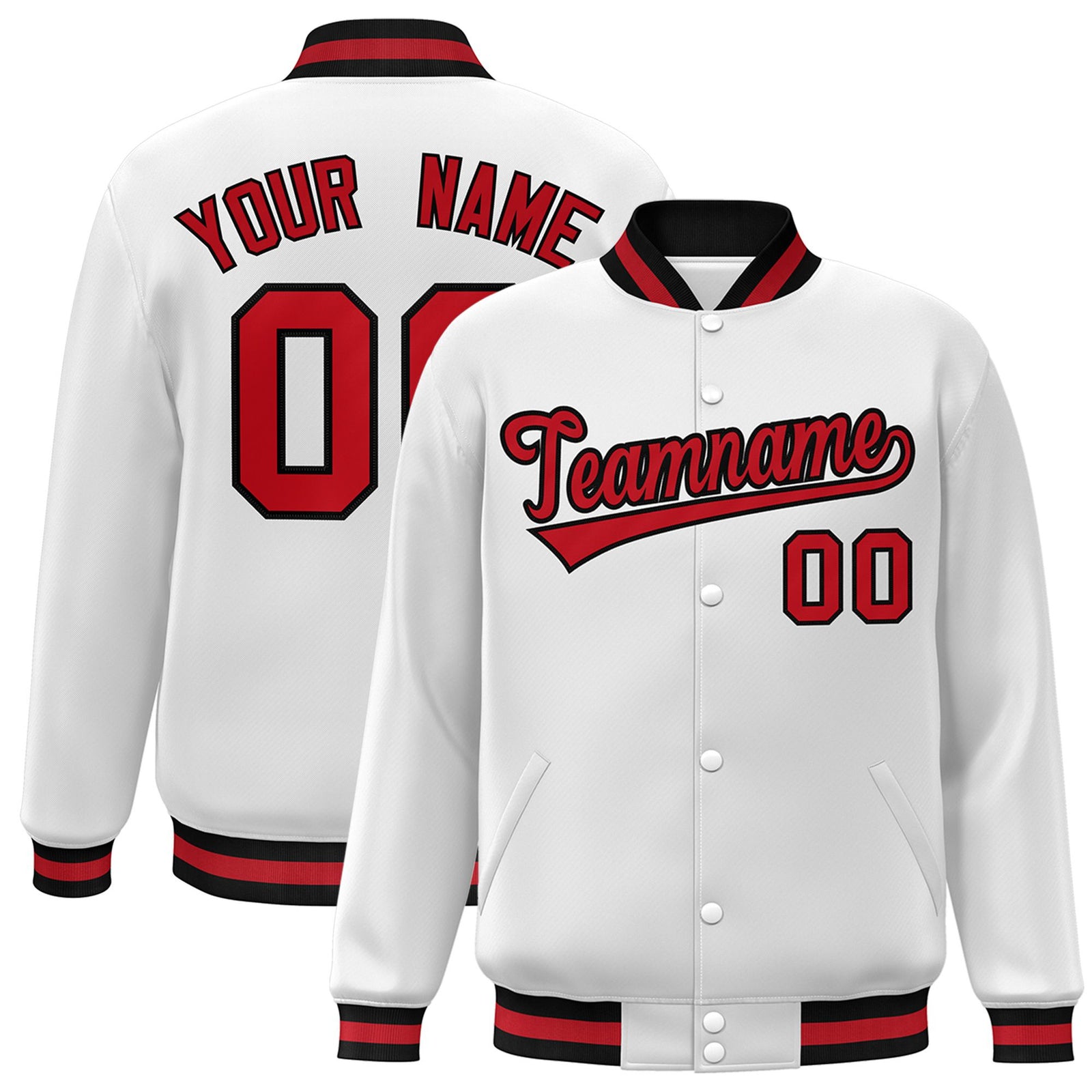 Custom White Red-Black Bomber Full-Snap Varsity Letterman Jacket