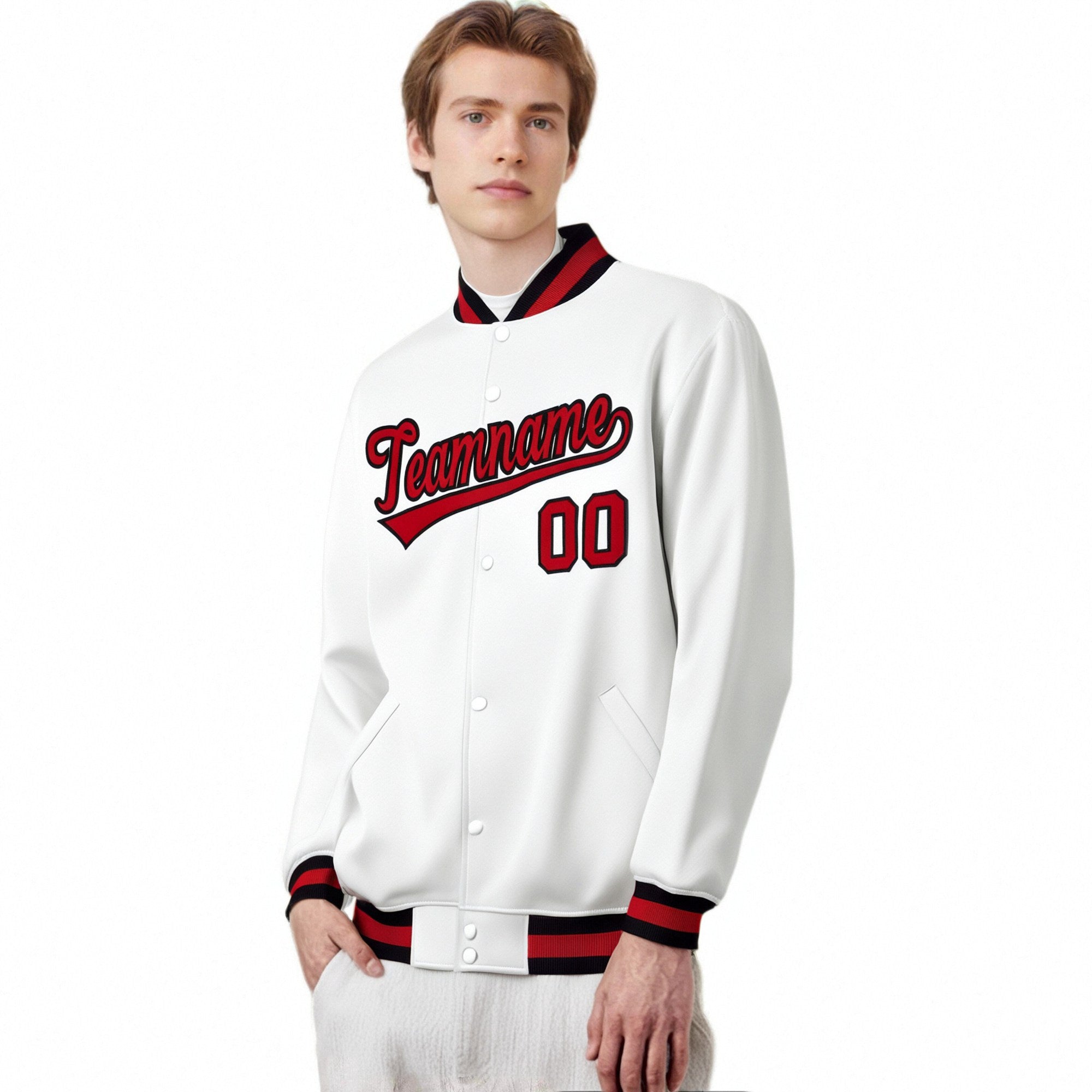 Custom White Red-Black Bomber Full-Snap Varsity Letterman Jacket