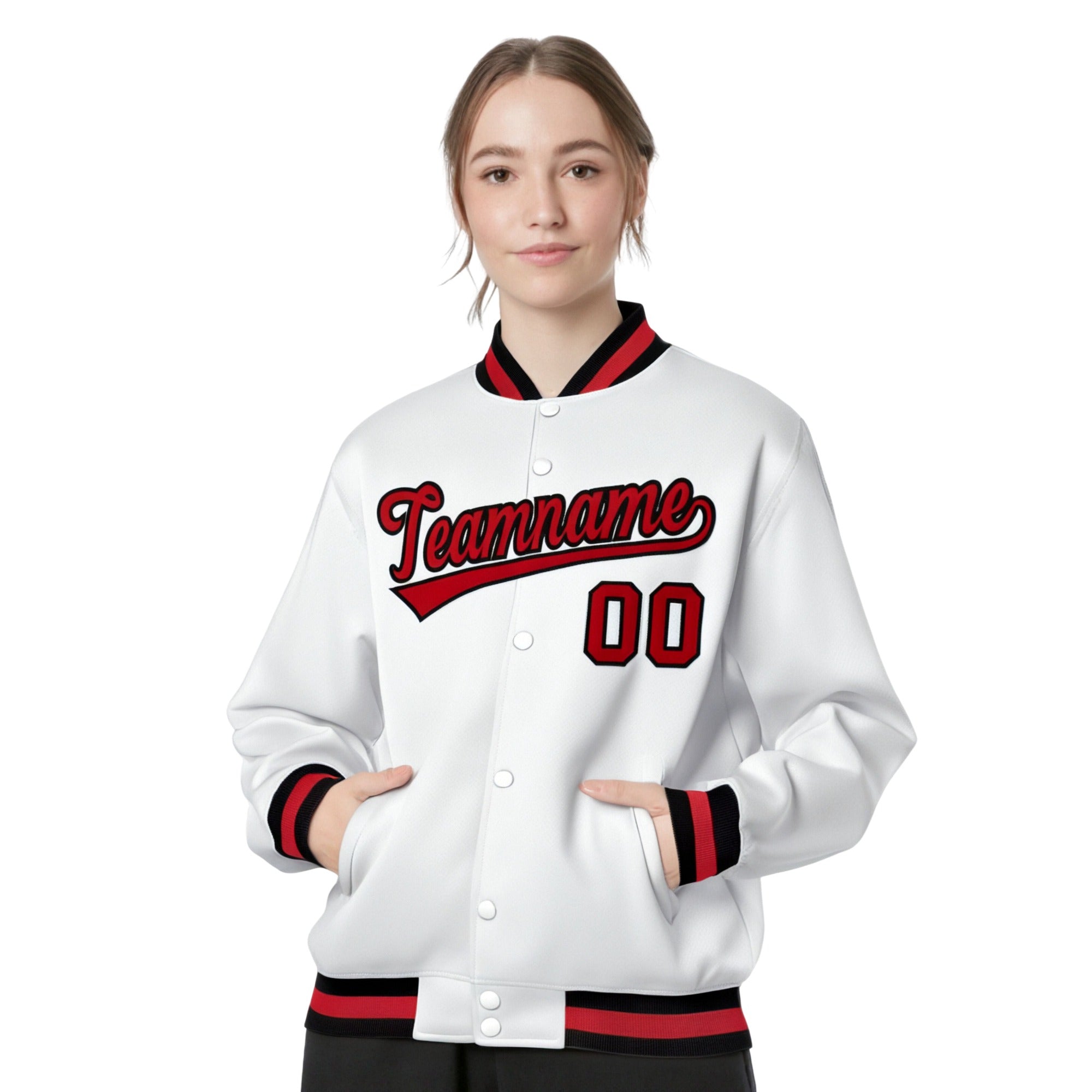 Custom White Red-Black Bomber Full-Snap Varsity Letterman Jacket