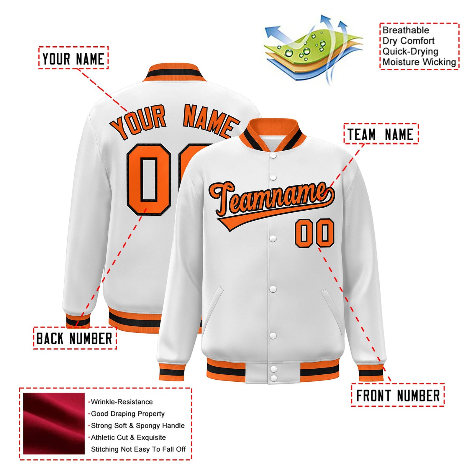 Custom White Orange-Black Bomber Full-Snap Varsity Letterman Jacket