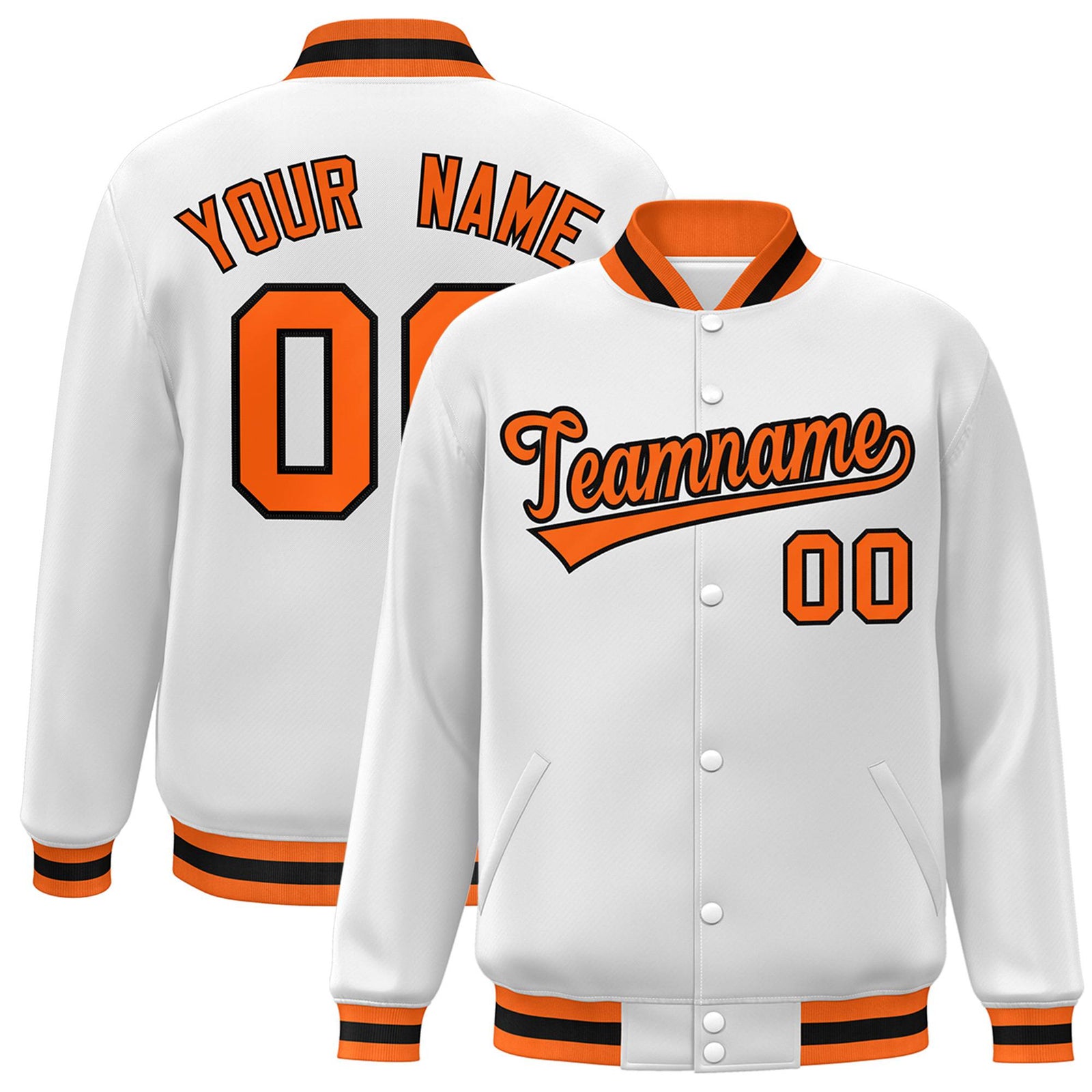 Custom White Orange-Black Bomber Full-Snap Varsity Letterman Jacket