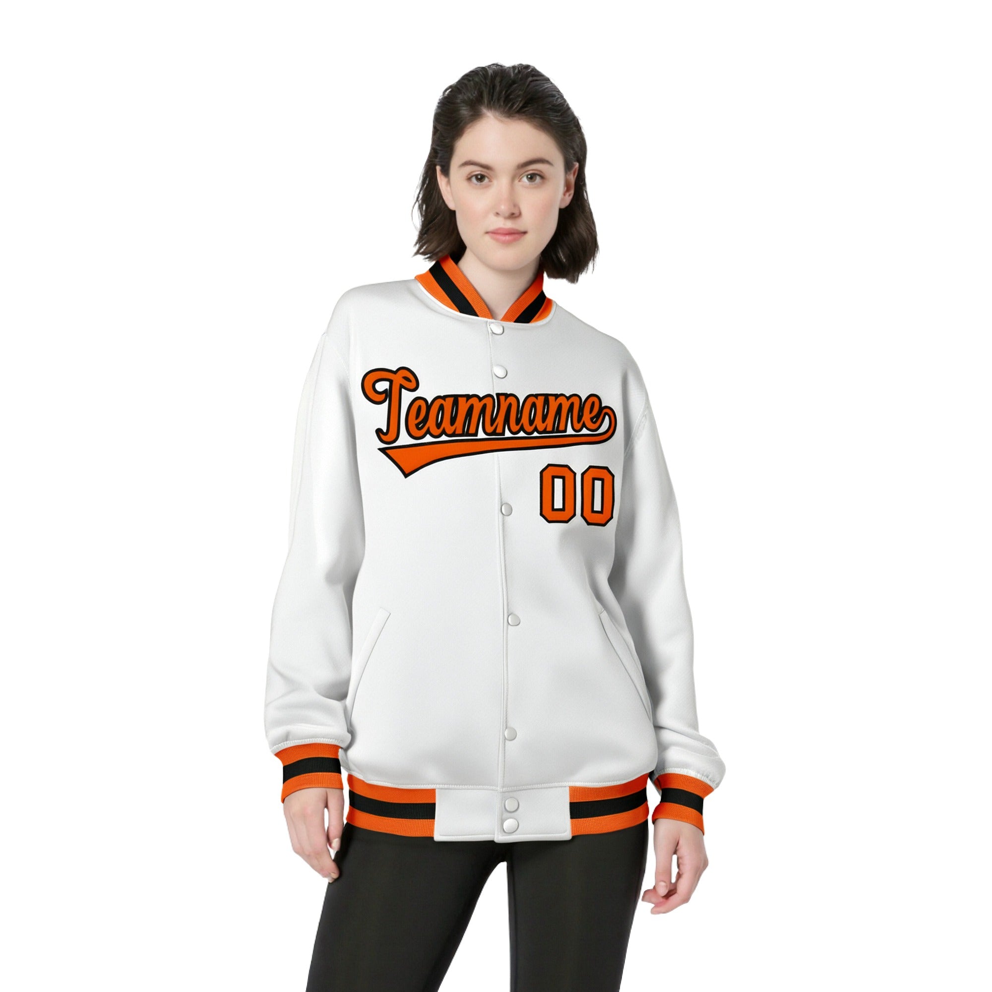 Custom White Orange-Black Bomber Full-Snap Varsity Letterman Jacket