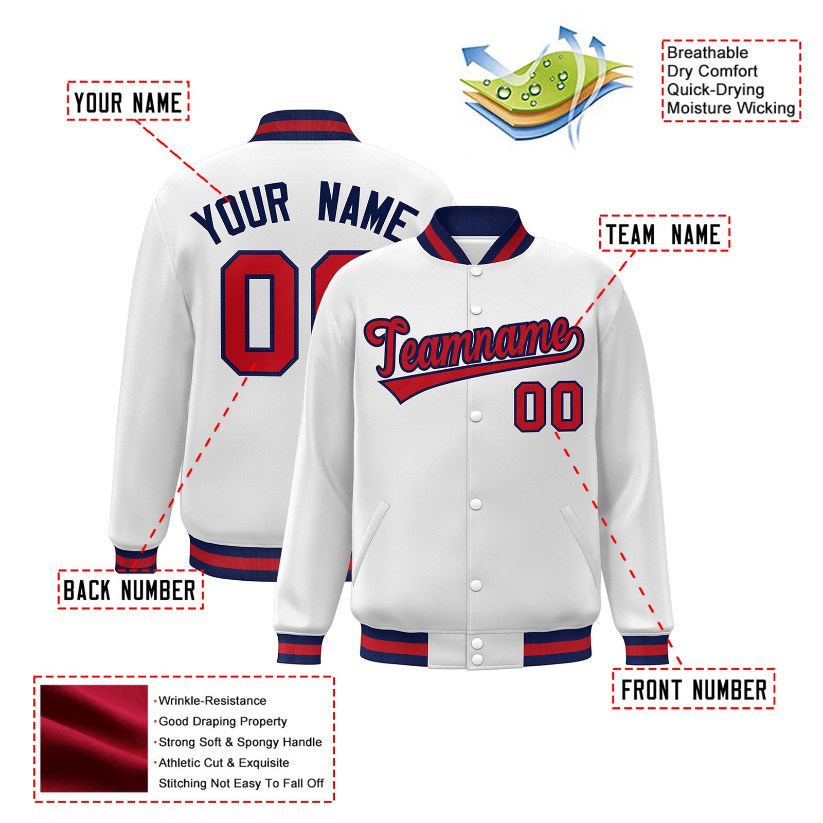 Custom White Red-Navy Bomber Full-Snap Varsity Letterman Jacket