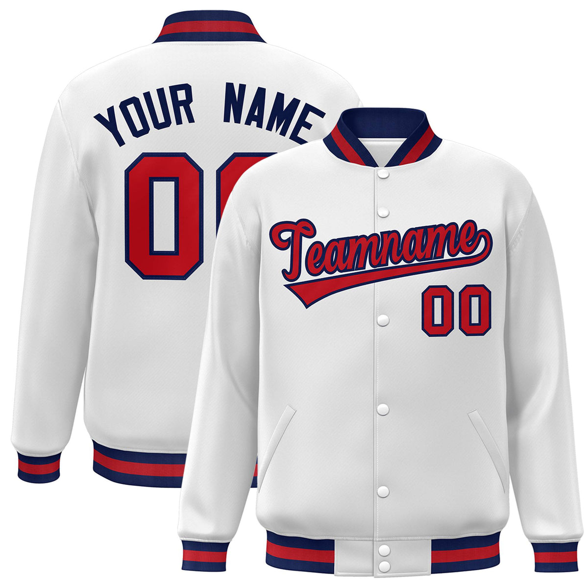 Custom White Red-Navy Bomber Full-Snap Varsity Letterman Jacket