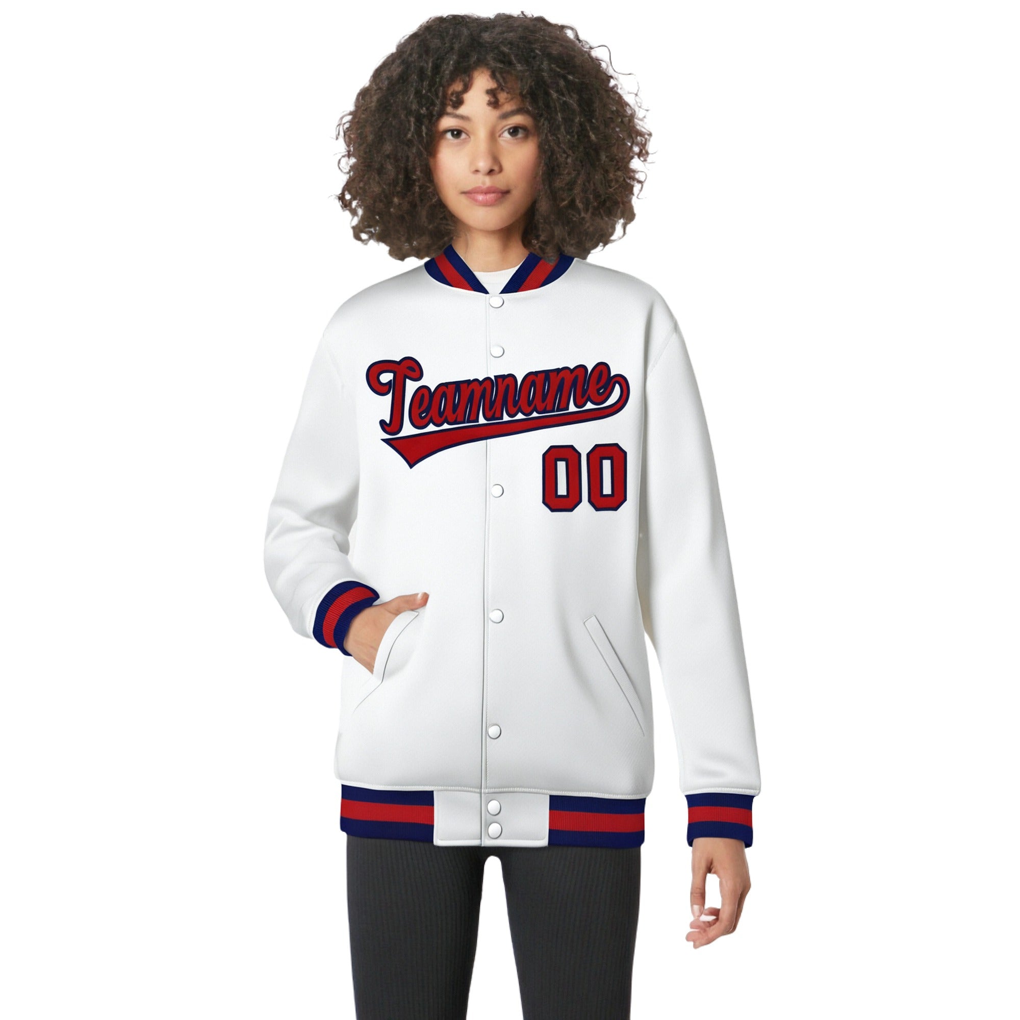 Custom White Red-Navy Bomber Full-Snap Varsity Letterman Jacket