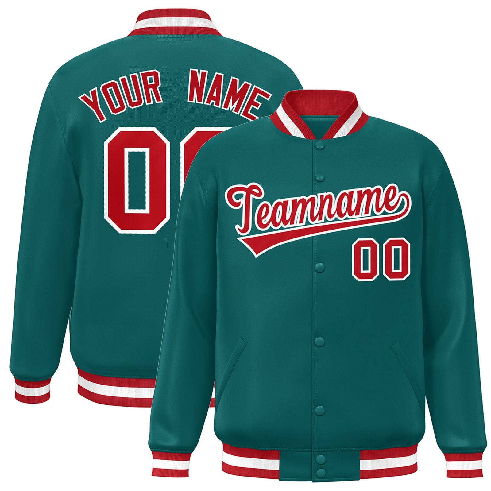 Custom Aqua Red-White Bomber Full-Snap Varsity Letterman Jacket