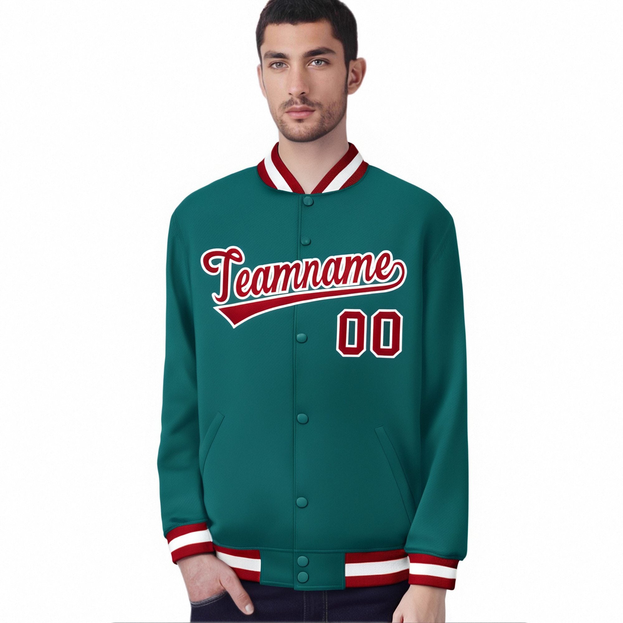 Custom Aqua Red-White Bomber Full-Snap Varsity Letterman Jacket