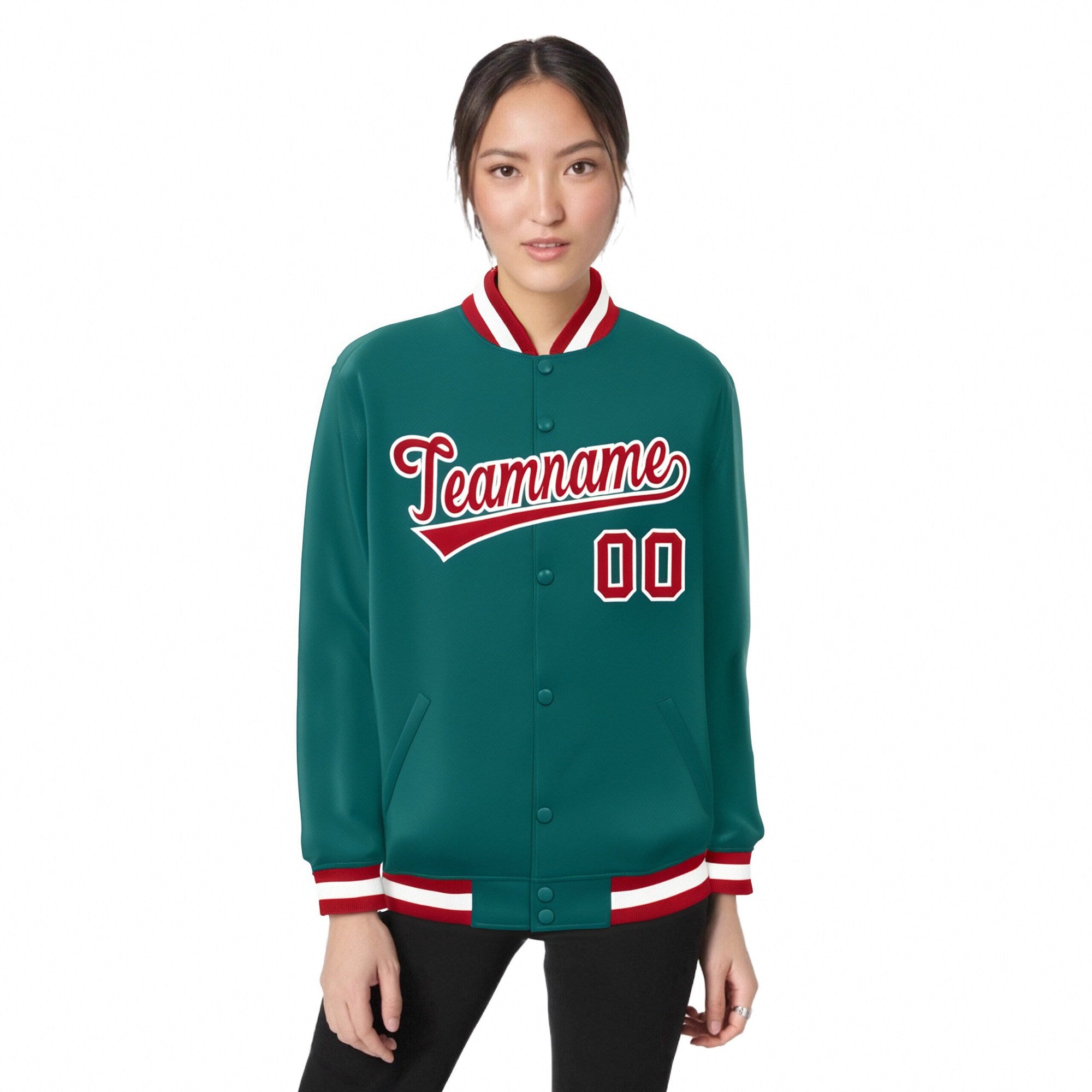 Custom Aqua Red-White Bomber Full-Snap Varsity Letterman Jacket