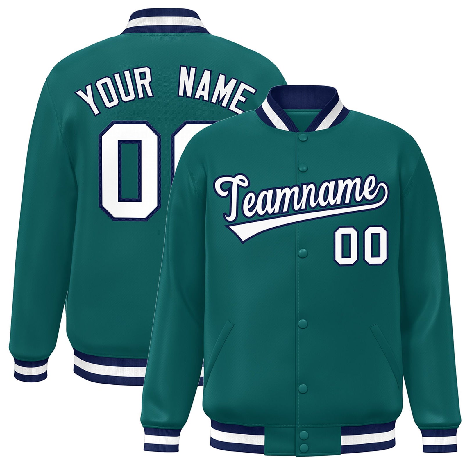 Custom Aqua White-Navy Bomber Full-Snap Varsity Letterman Jacket