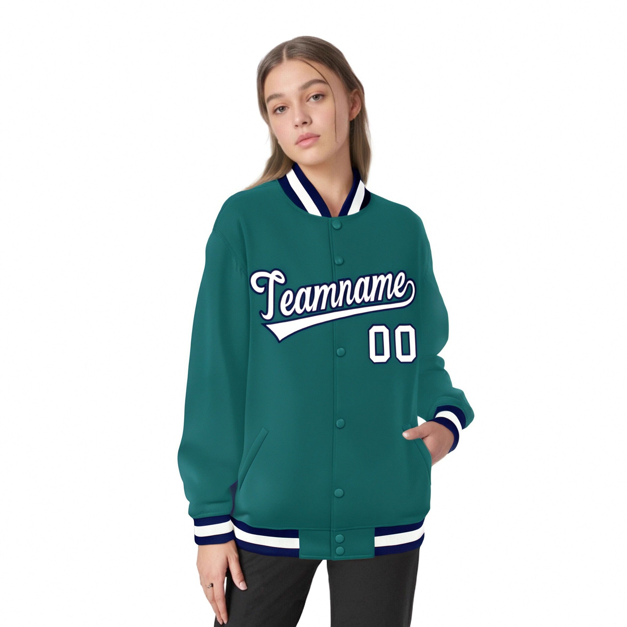 Custom Aqua White-Navy Bomber Full-Snap Varsity Letterman Jacket