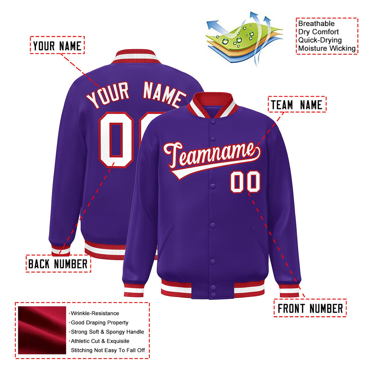 Custom Purple White-Red Bomber Full-Snap Varsity Letterman Jacket