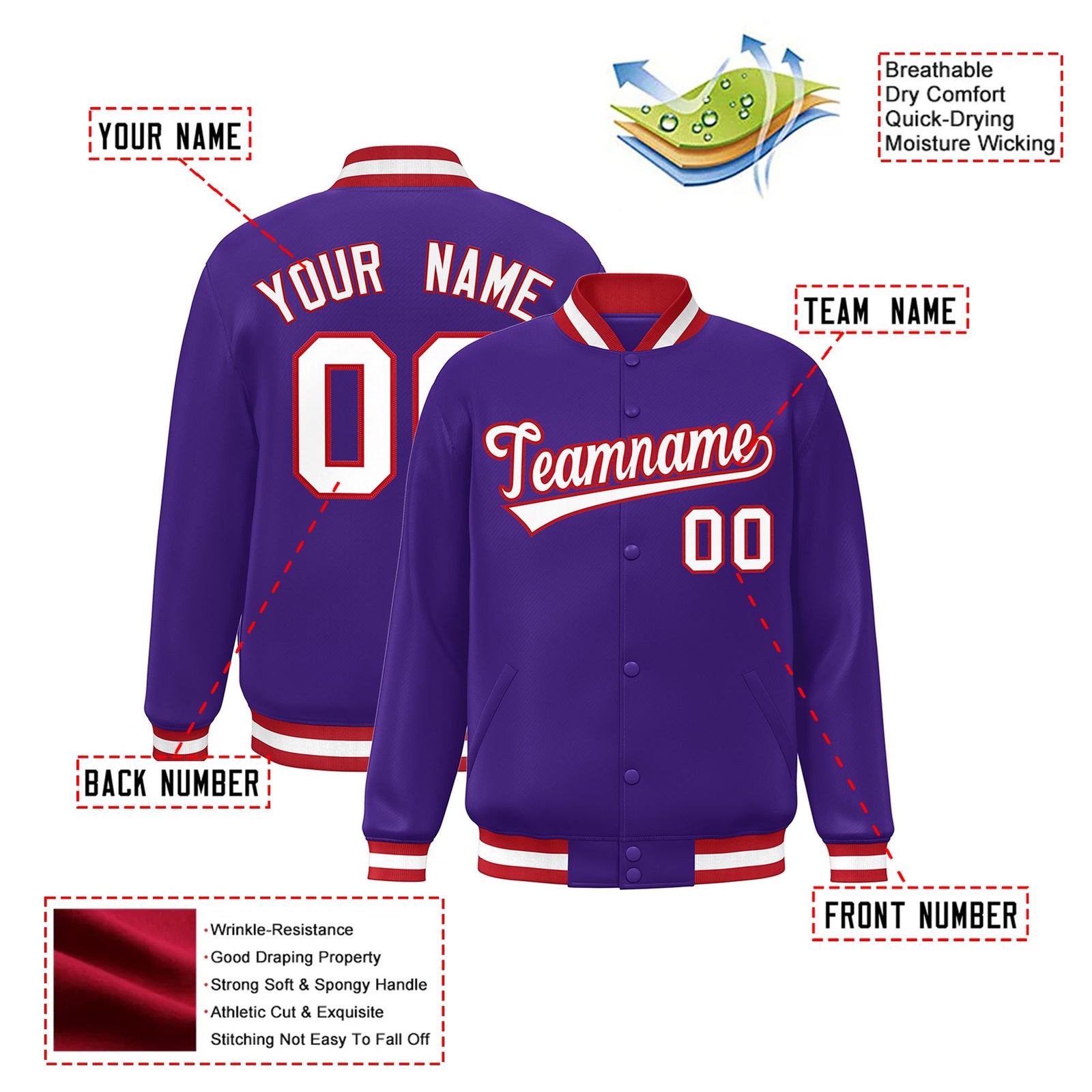 Custom Purple White-Red Bomber Full-Snap Varsity Letterman Jacket