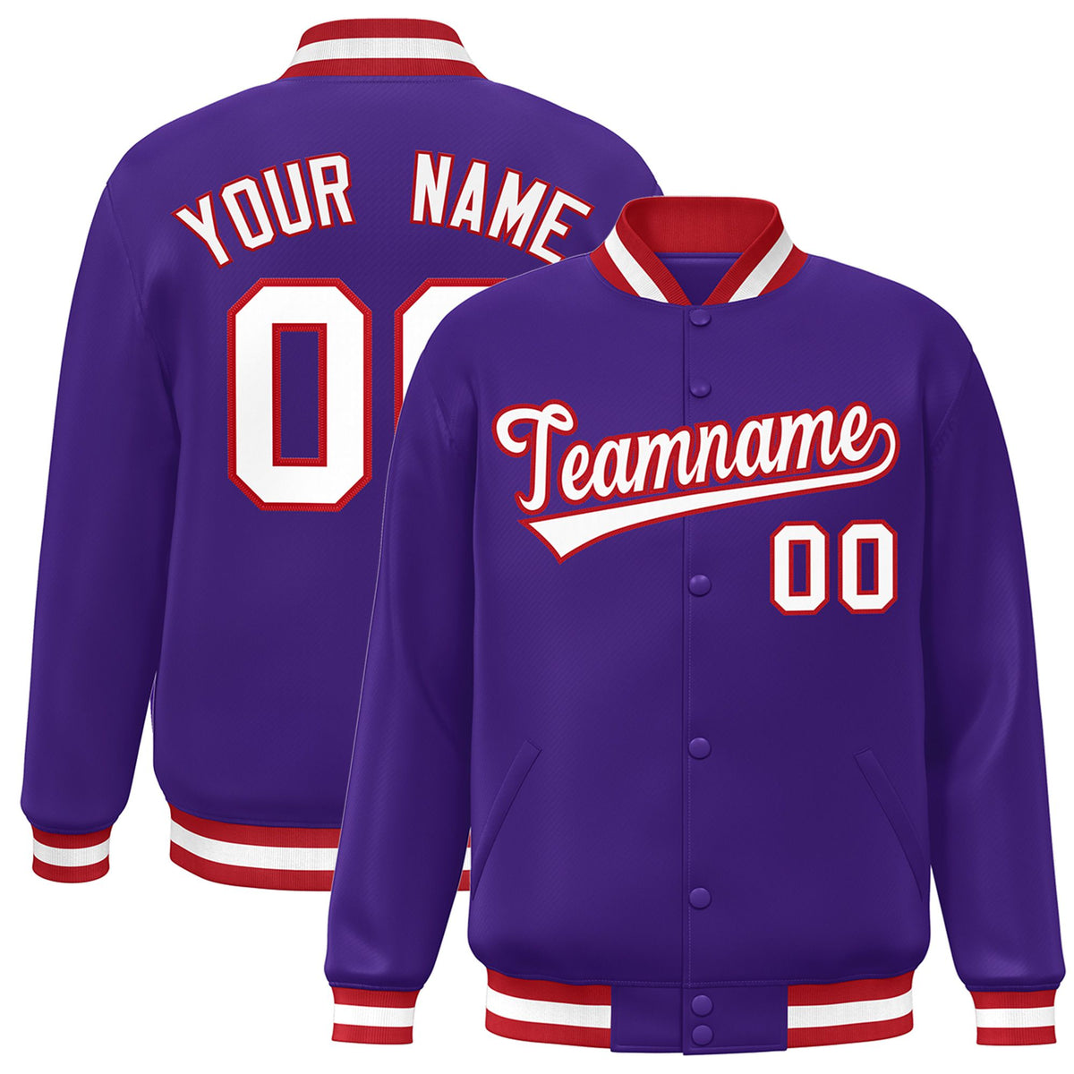 Custom Purple White-Red Bomber Full-Snap Varsity Letterman Jacket