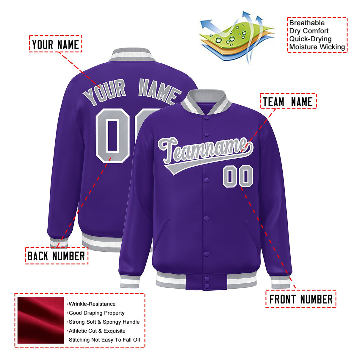 Custom Purple Gray-White Bomber Full-Snap Varsity Letterman Jacket