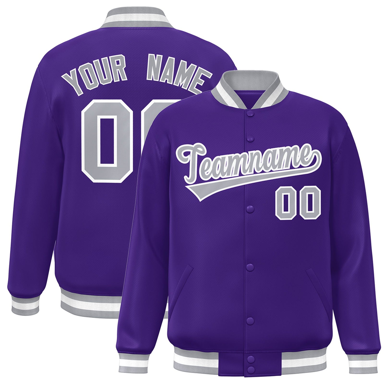 Custom Purple Gray-White Bomber Full-Snap Varsity Letterman Jacket