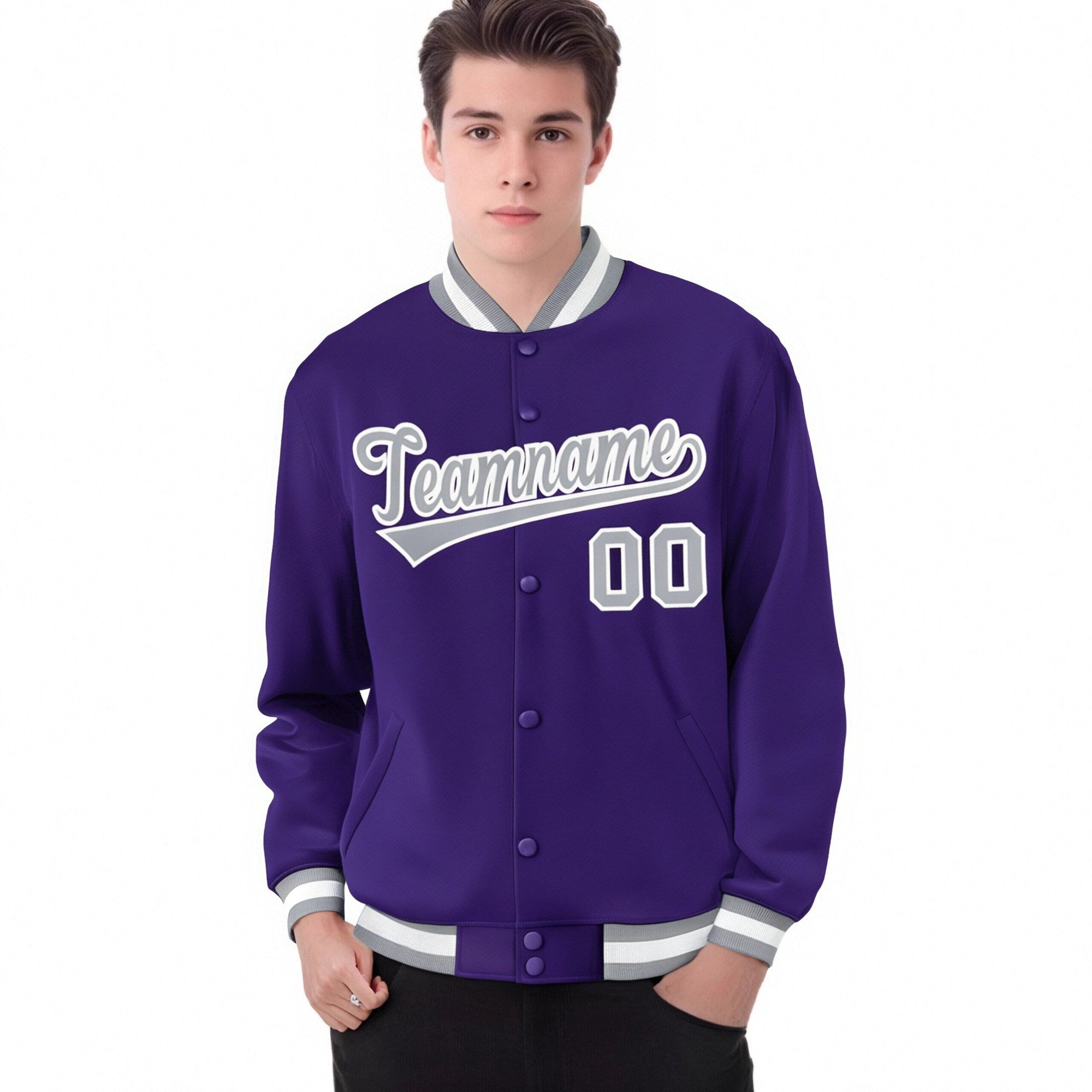 Custom Purple Gray-White Bomber Full-Snap Varsity Letterman Jacket