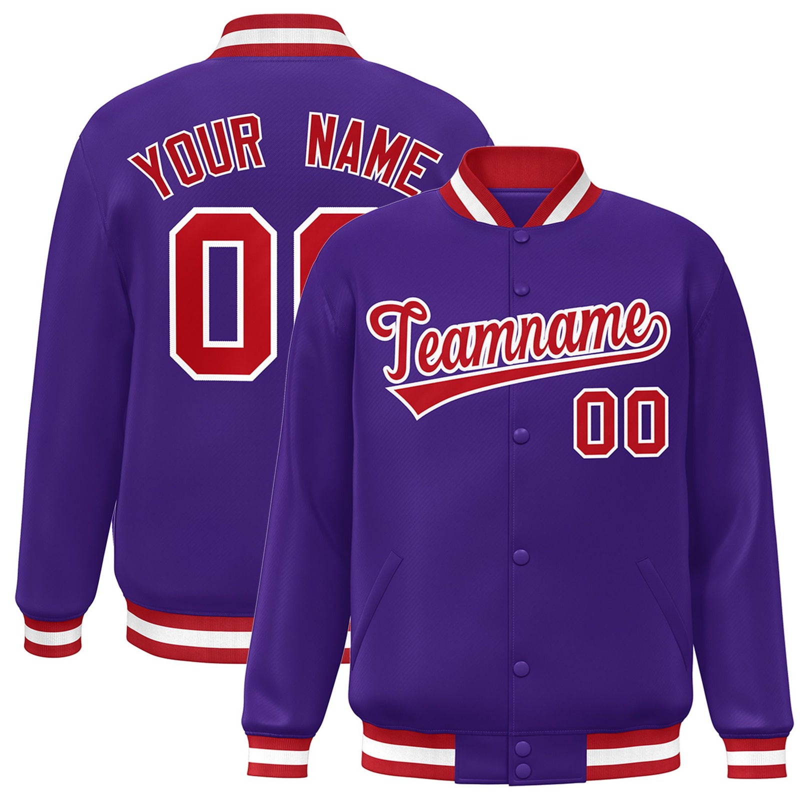 Custom Purple Red-White Bomber Full-Snap Varsity Letterman Jacket