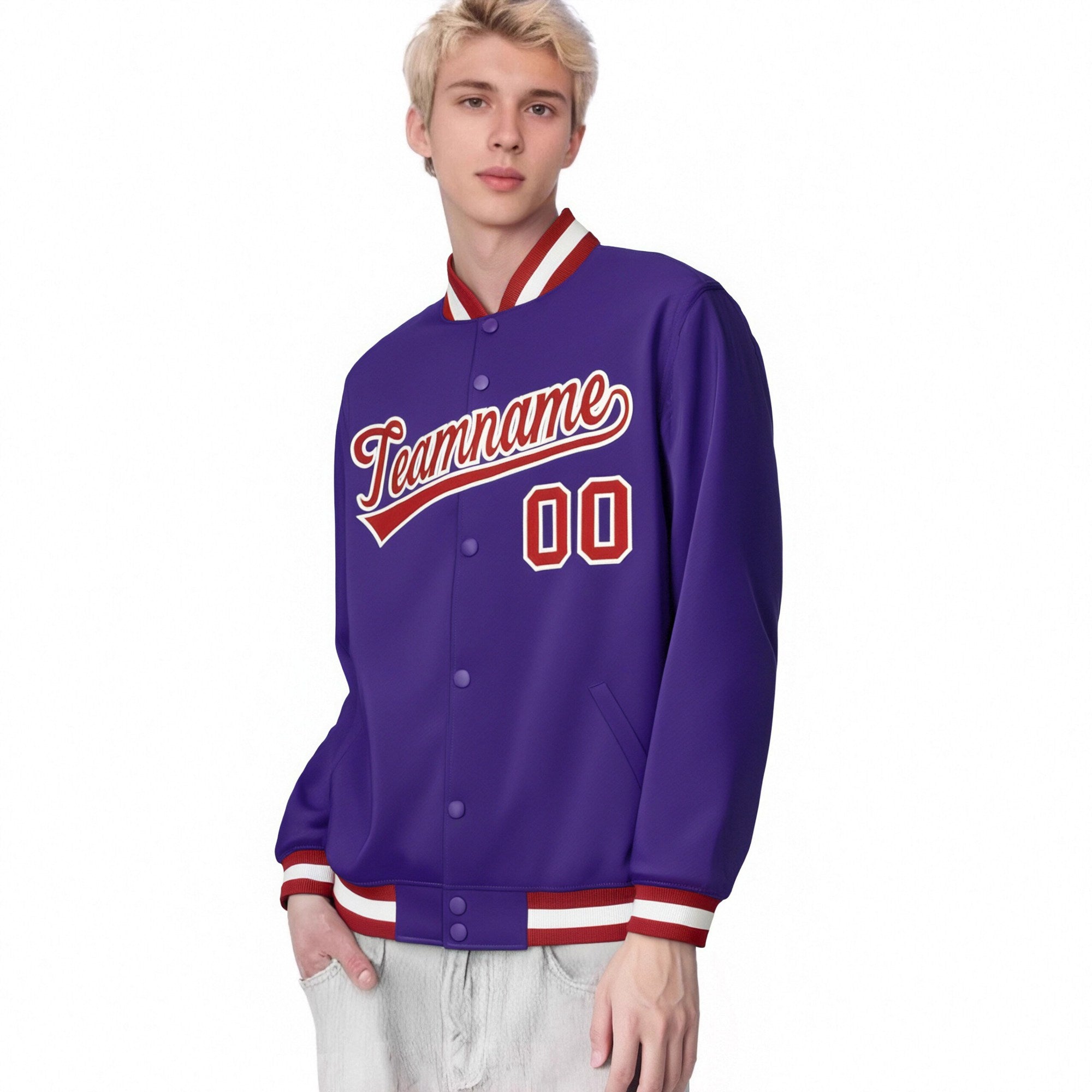 Custom Purple Red-White Bomber Full-Snap Varsity Letterman Jacket