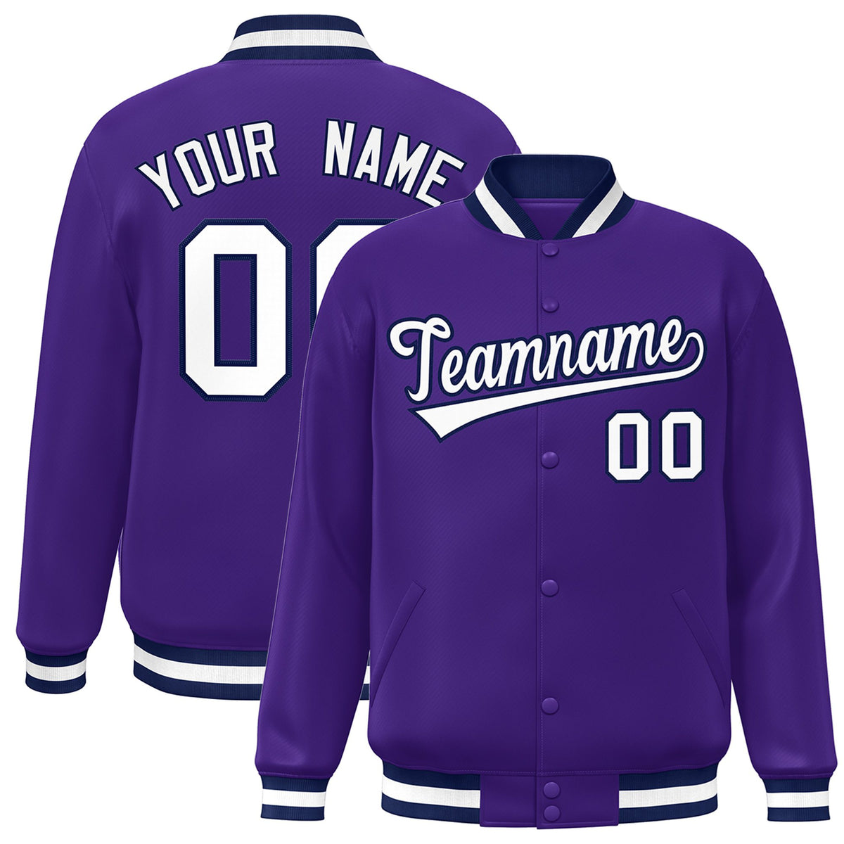 Custom Purple White-Navy Bomber Full-Snap Varsity Letterman Jacket