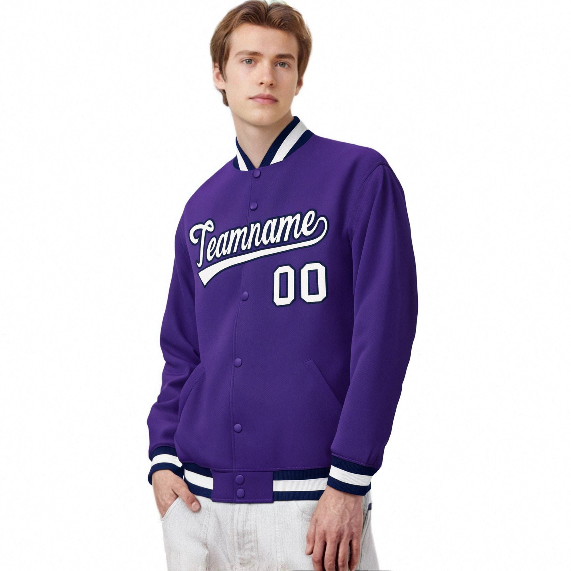 Custom Purple White-Navy Bomber Full-Snap Varsity Letterman Jacket