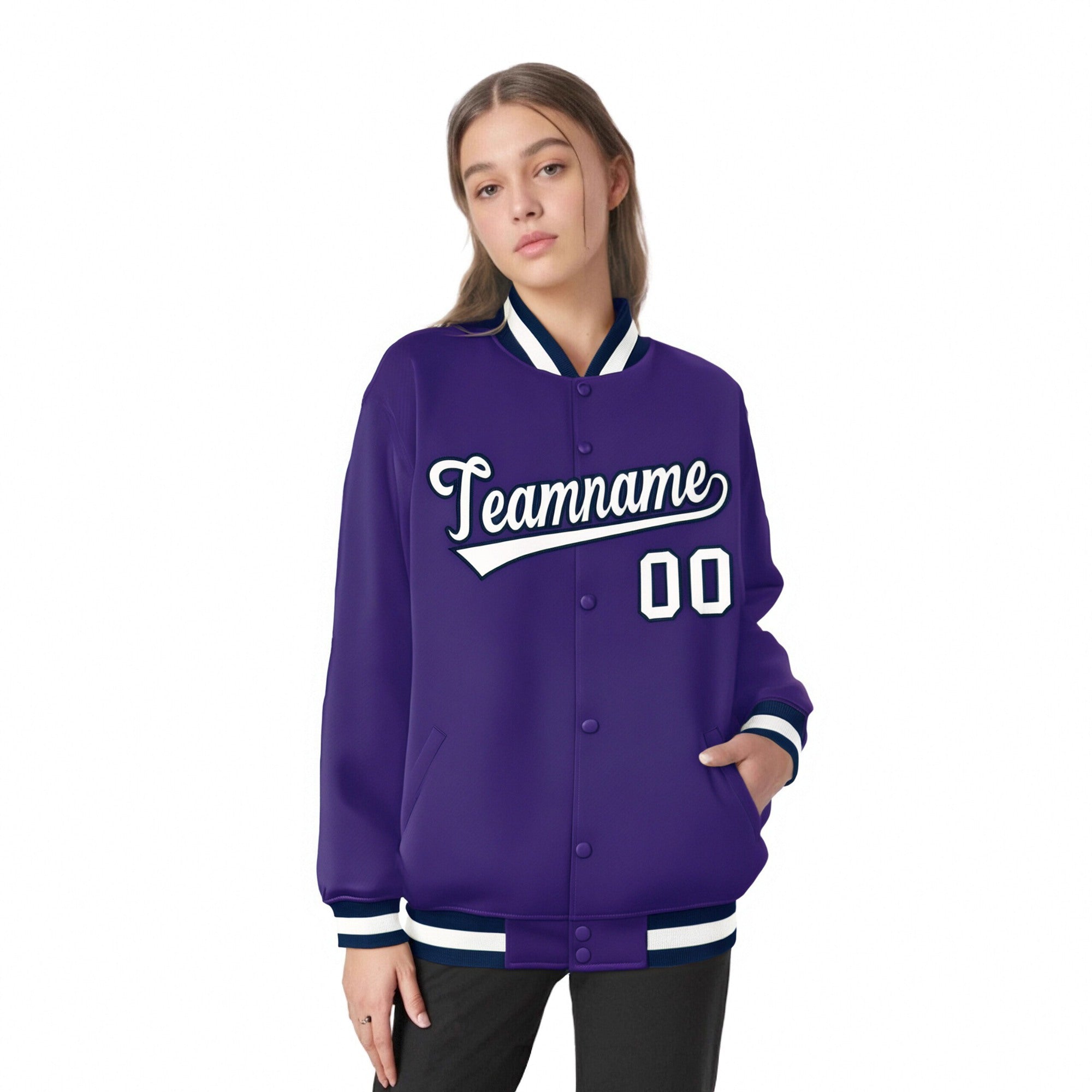 Custom Purple White-Navy Bomber Full-Snap Varsity Letterman Jacket