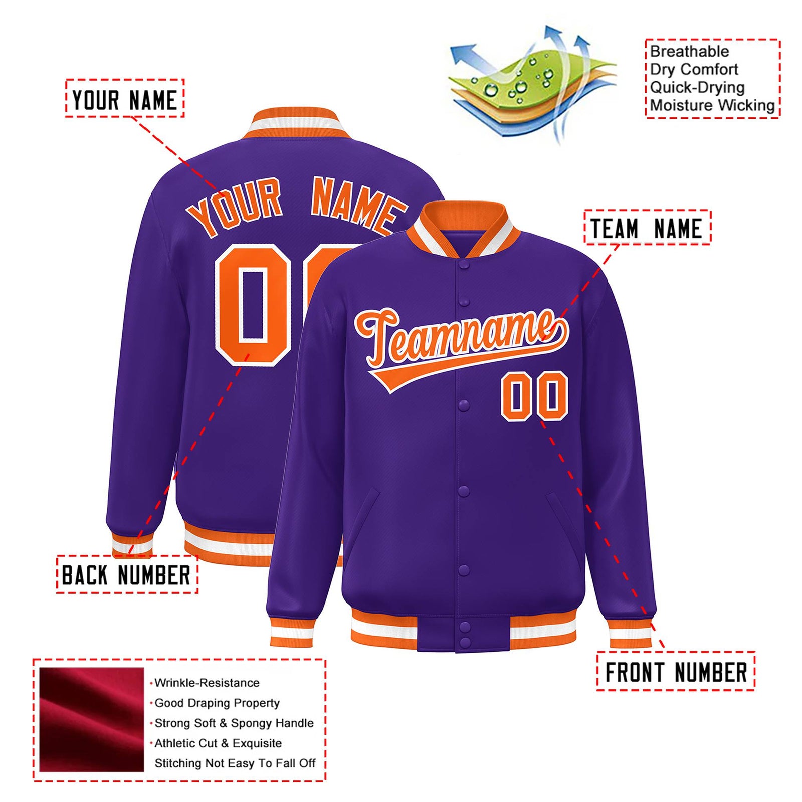 Custom Purple Orange-White Bomber Full-Snap Varsity Letterman Jacket