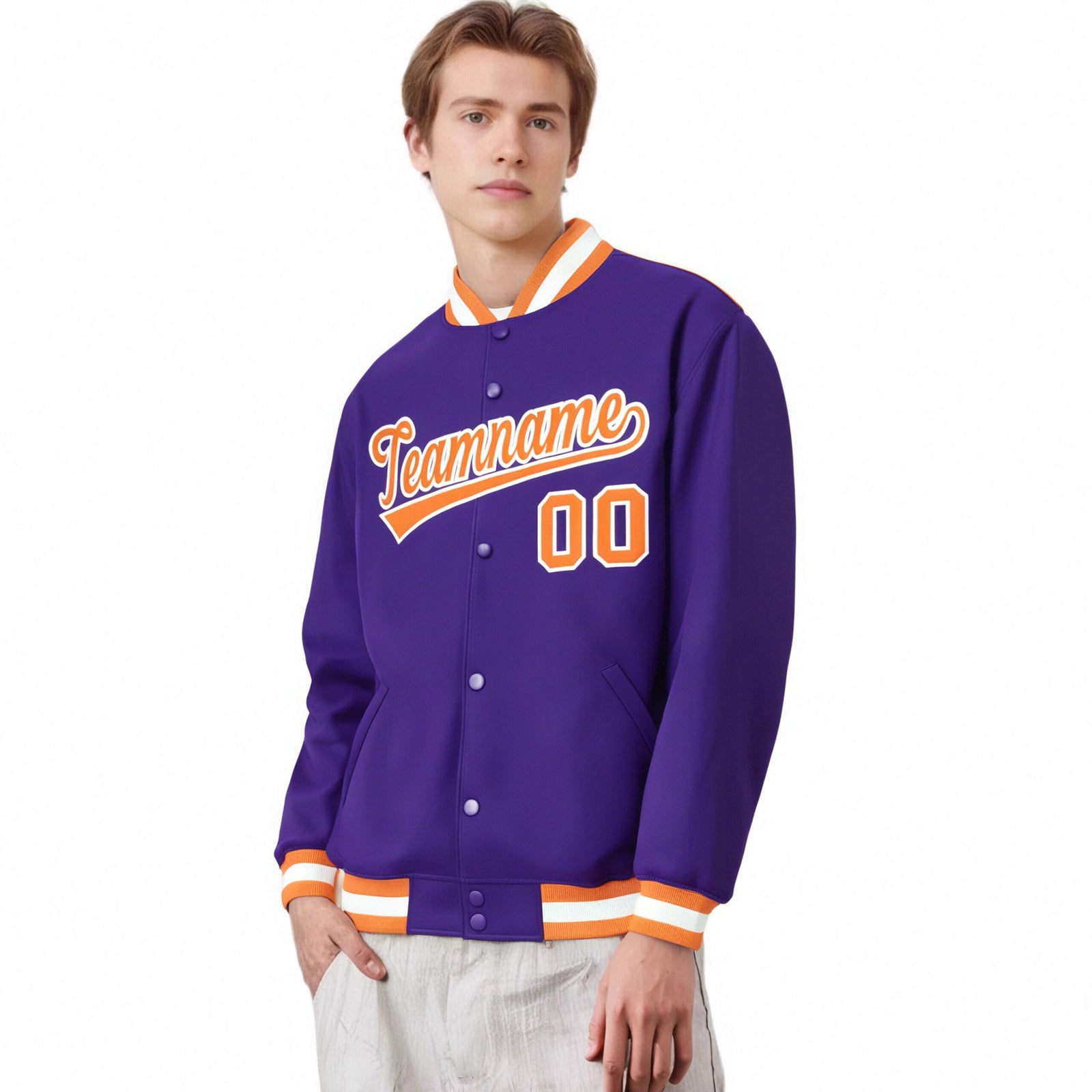 Custom Purple Orange-White Bomber Full-Snap Varsity Letterman Jacket