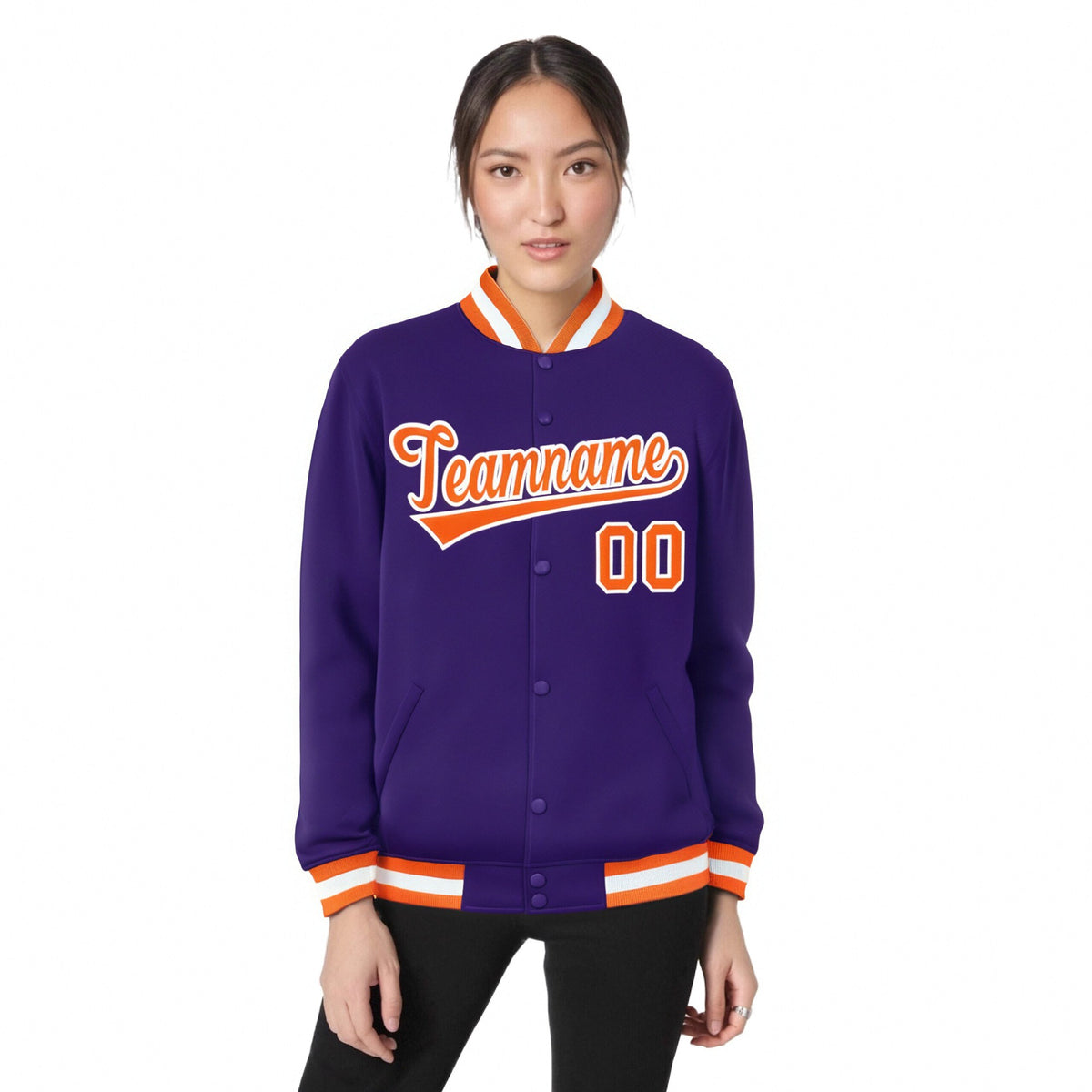 Custom Purple Orange-White Bomber Full-Snap Varsity Letterman Jacket