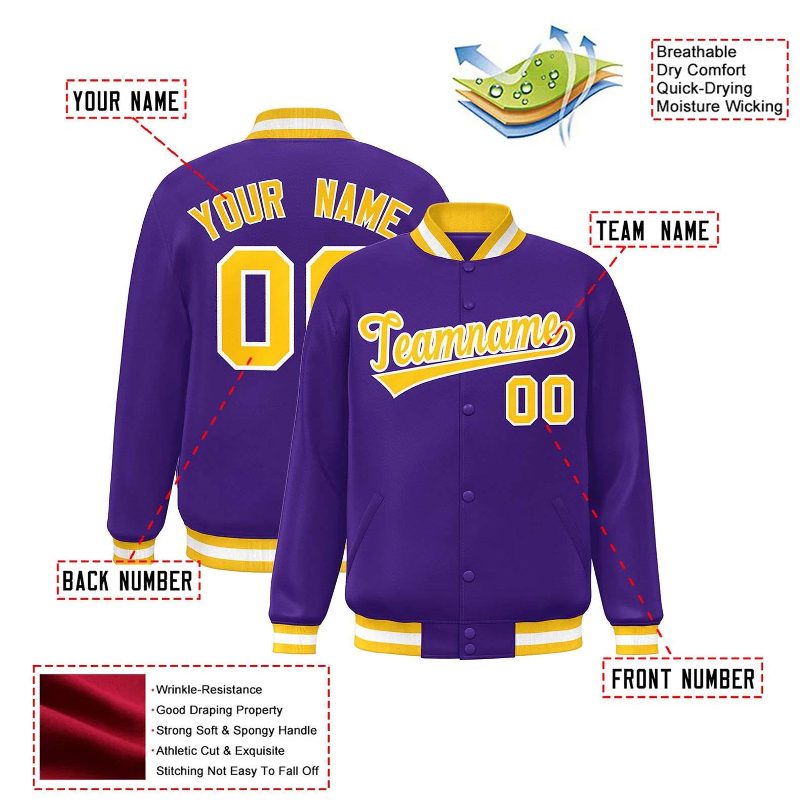 Custom Purple Gold-White Bomber Full-Snap Varsity Letterman Jacket