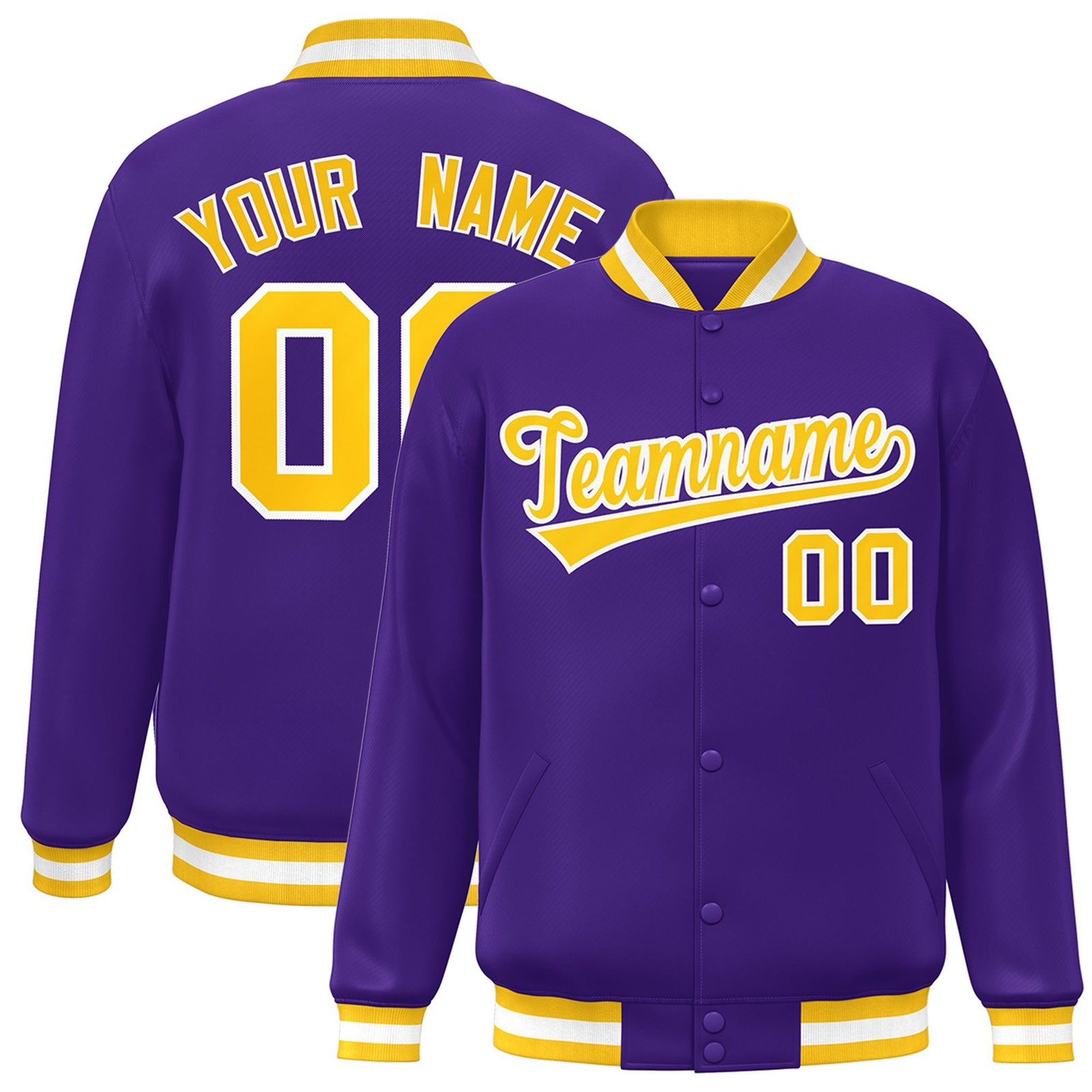 Custom Purple Gold-White Bomber Full-Snap Varsity Letterman Jacket
